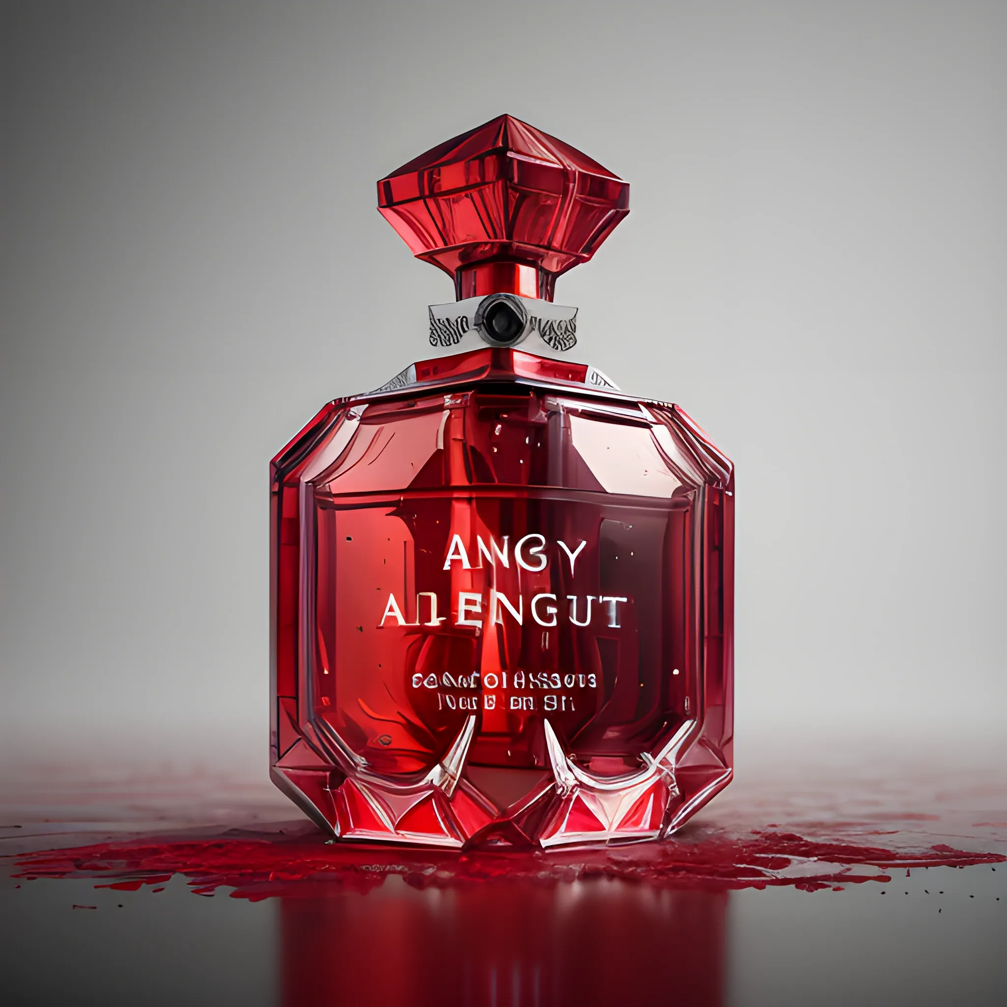 angry perfume, red perfume, scarlet perfume, red bottle, aggressive, angry face,  8k, high resolution, high quality, photorealistic, hyperrealistic, detailed, detailed matte painting, deep color, fantastical, intricate detail, splash screen, complementary colors, fantasy concept art, 8k resolution trending on Artstation Unreal Engine