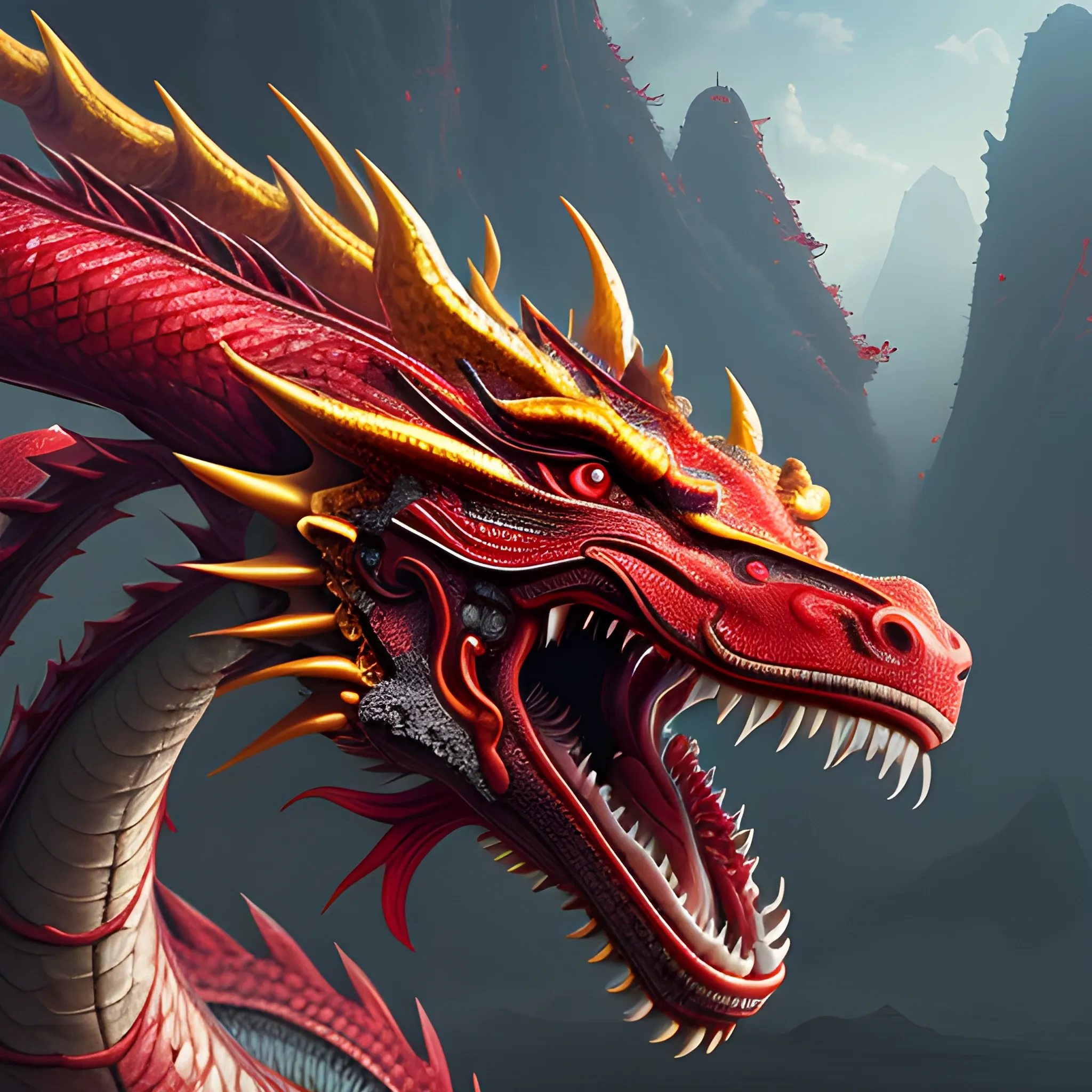 chinese dragon,perfume, scarlet, aggressive,  8k, high resolution, high quality, photorealistic, hyperrealistic, detailed, detailed matte painting, deep color, fantastical, intricate detail, splash screen, complementary colors, fantasy concept art, 8k resolution trending on Artstation Unreal Engine, 3D