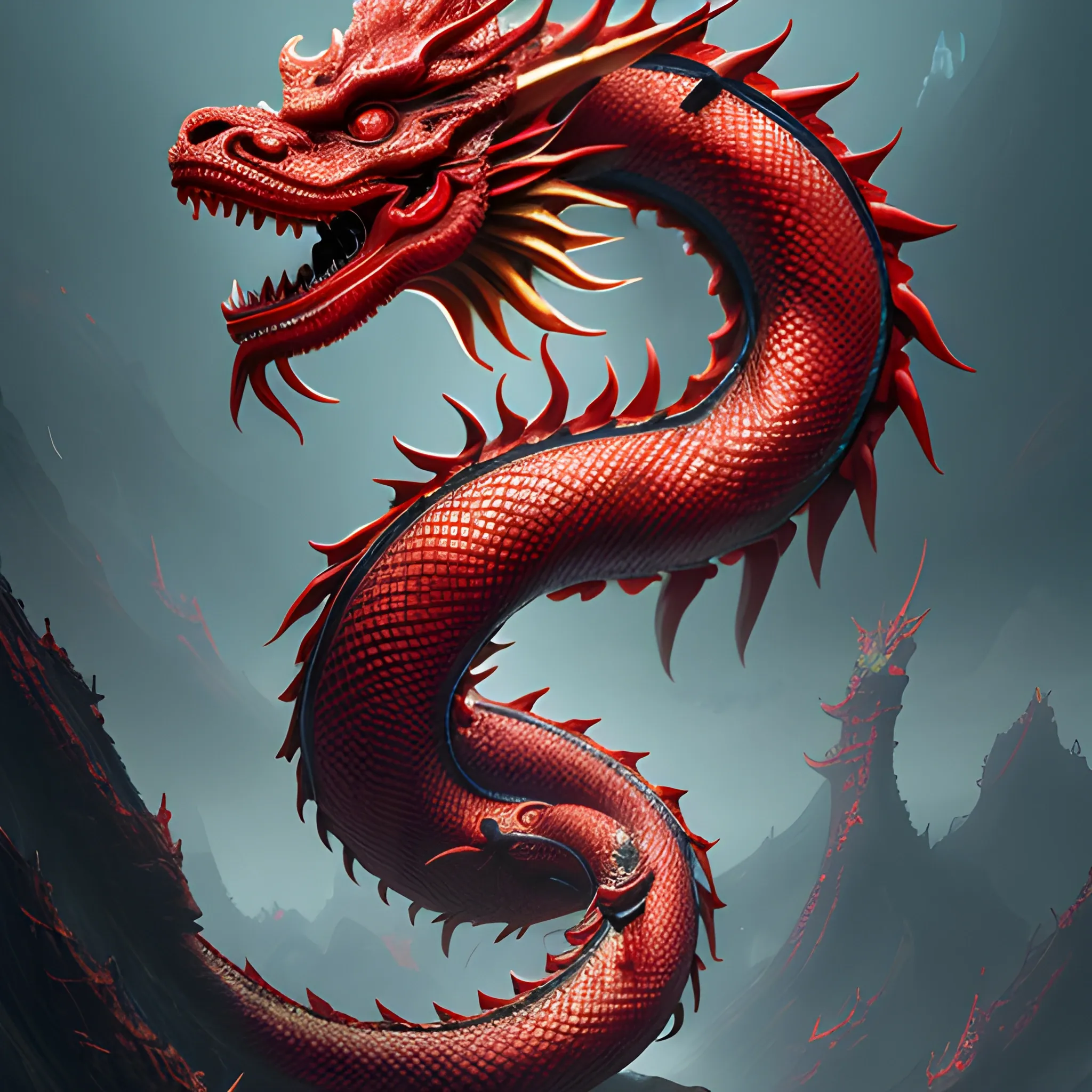 chinese dragon,perfume, scarlet, aggressive,  8k, high resolution, high quality, photorealistic, hyperrealistic, detailed, detailed matte painting, deep color, fantastical, intricate detail, splash screen, complementary colors, fantasy concept art, 8k resolution trending on Artstation Unreal Engine, 3D