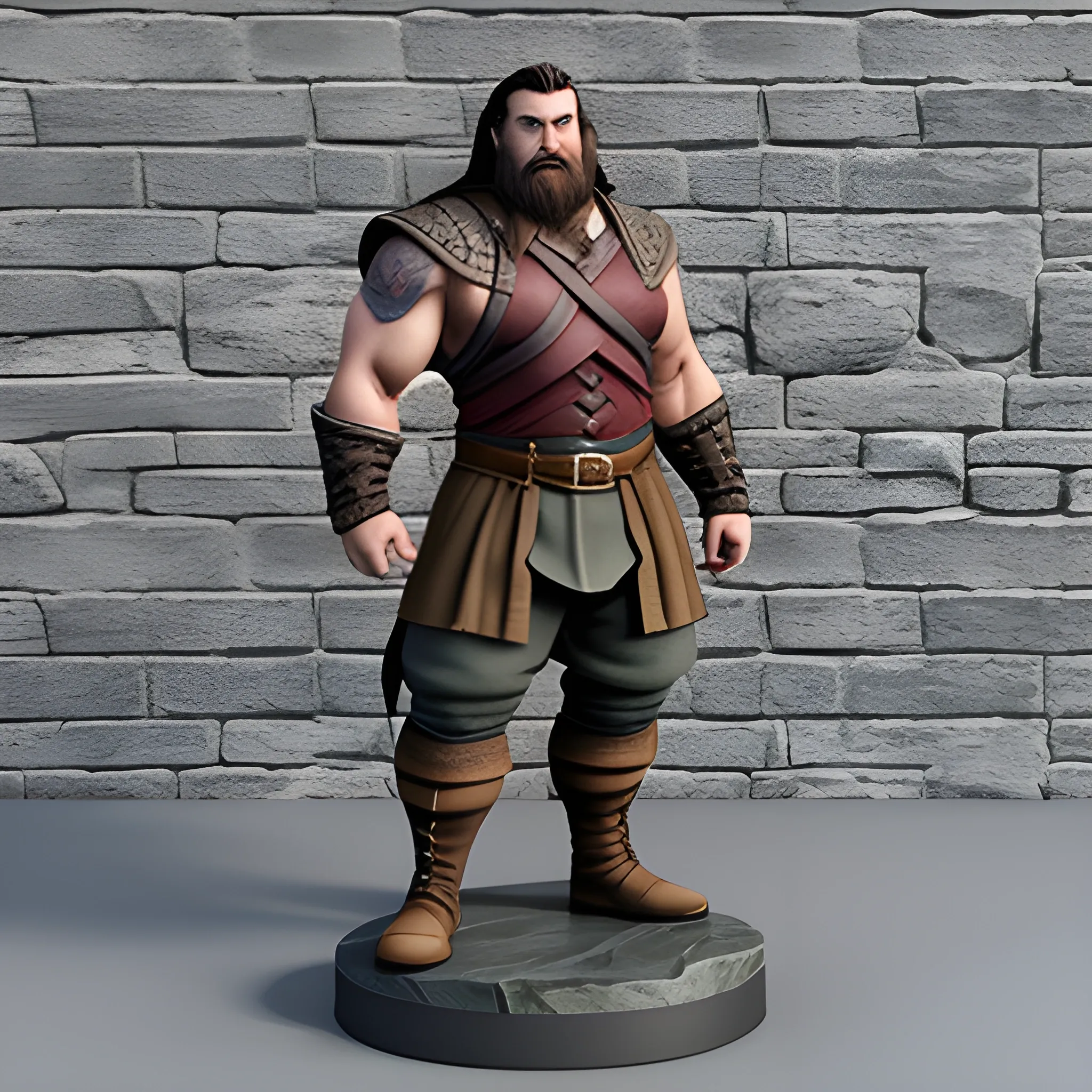 Young Tolkien Dwarf, Male Adventurer, short, stocky and muscular, rugged appearance, casual stance, grey stone wall background, well lit, 3D