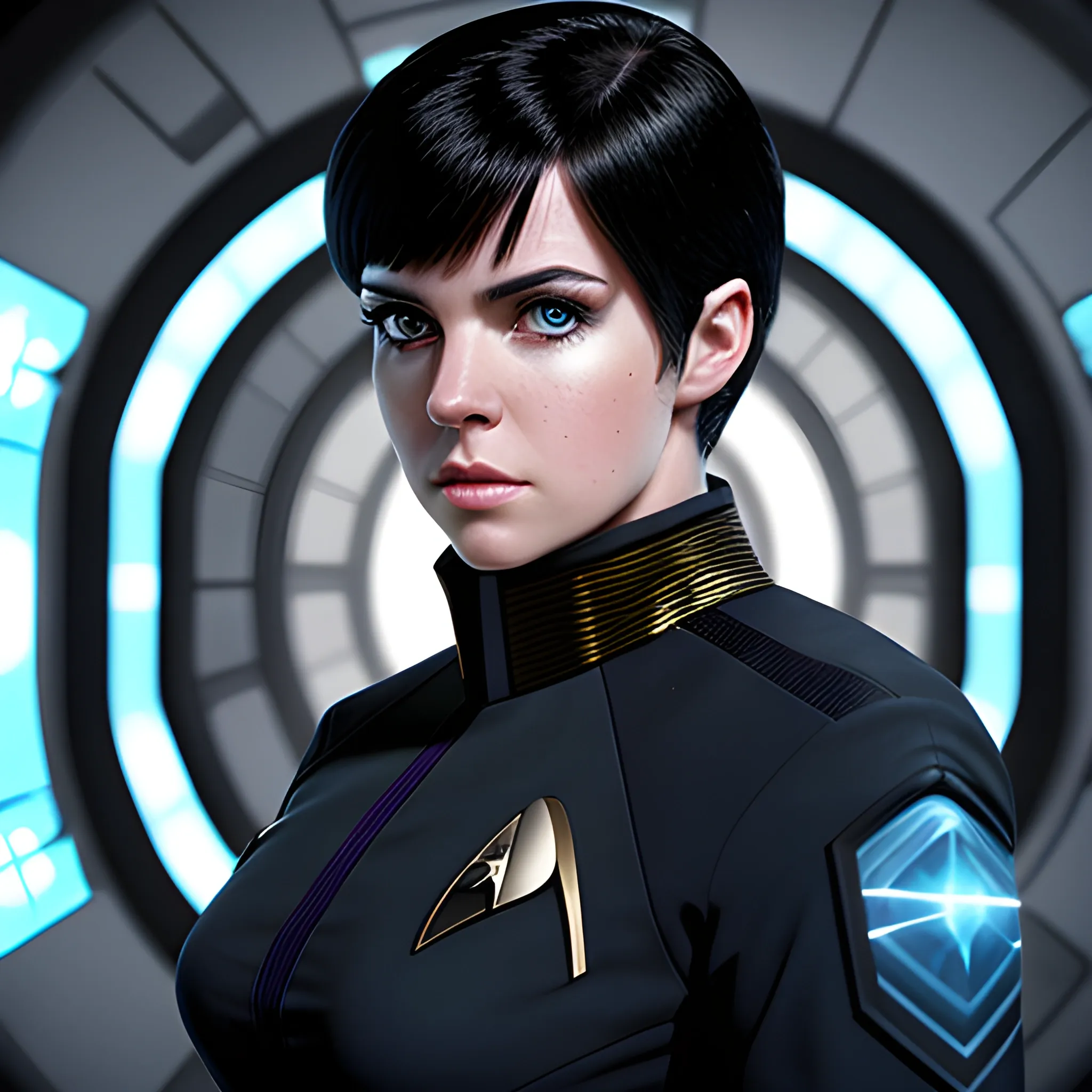 sci fi, star trek, female security officer wearing TNG uniform, short but attractive black hair, heterochromia, left eye has strong red glow, hyper realistic, photo quality, well lit