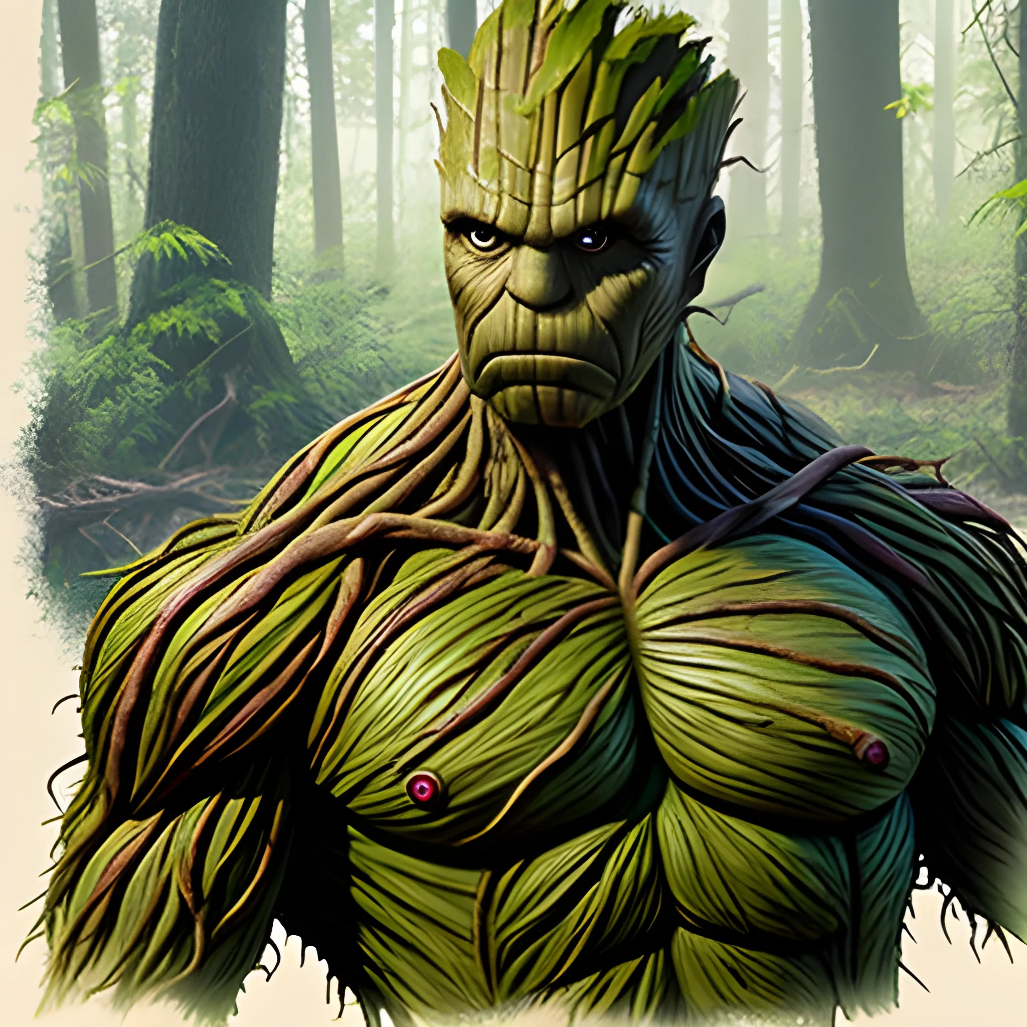 swamp thing blended with groot, forest background, realistic, action pose