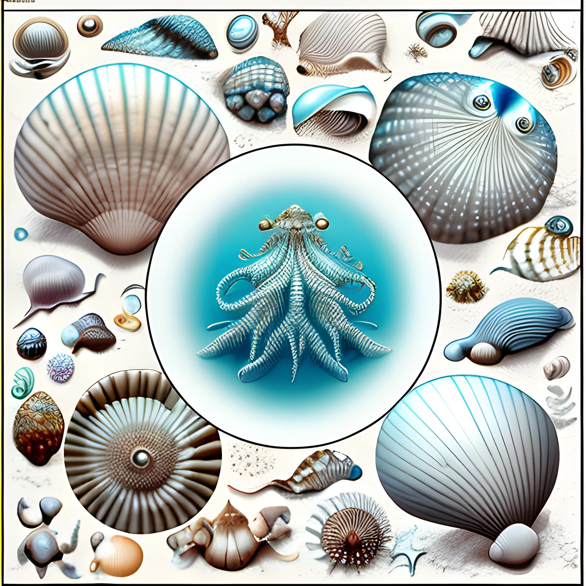 Sketch, close-up macro shots of unusual sea creatures among dazzling white sands and vivid shells on the seafloor using available light, in the style of scientific illustrations.