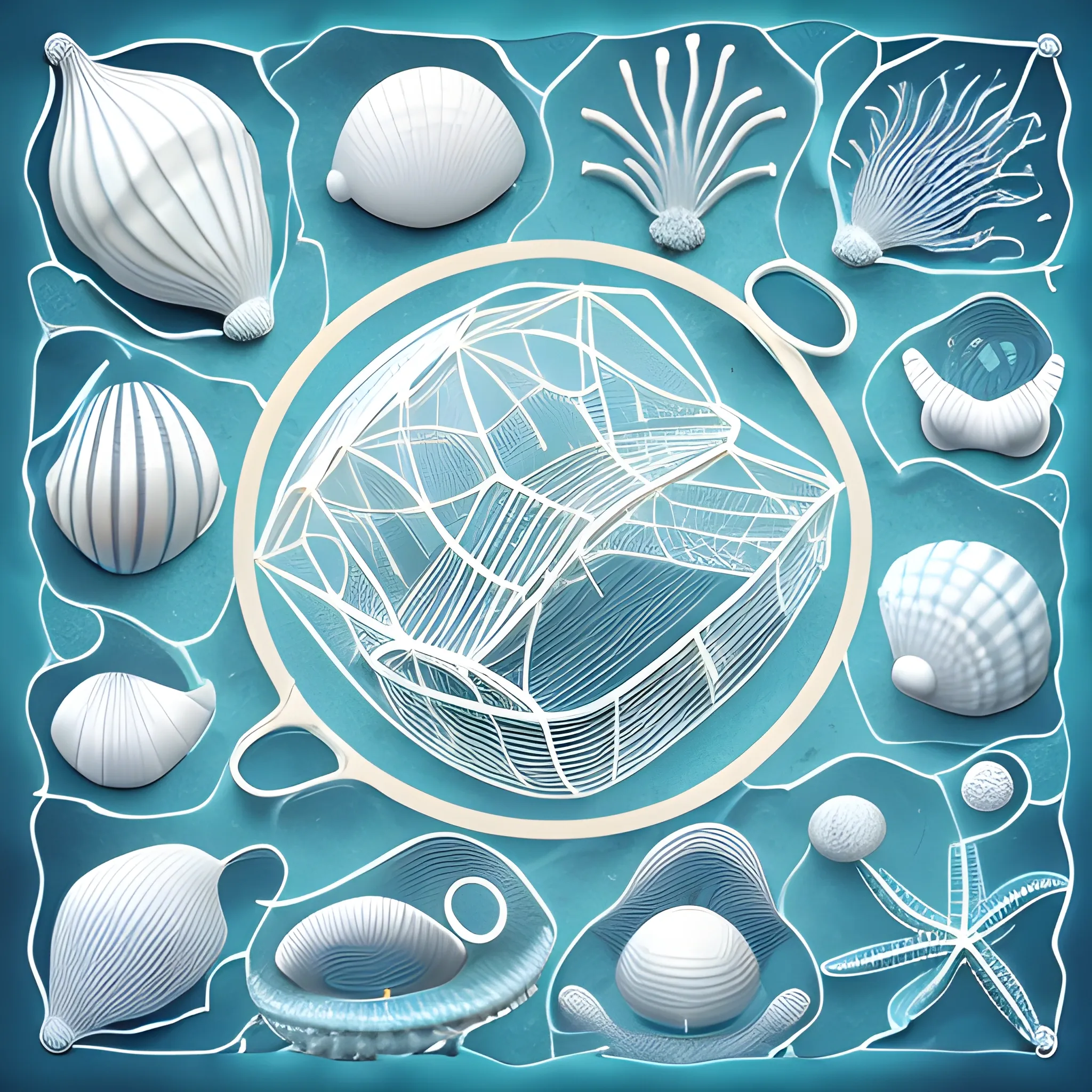 Wireframe, close-up macro shots of unusual sea creatures among dazzling white sands and vivid shells on the seafloor using available light, in the style of cel shading animation.
