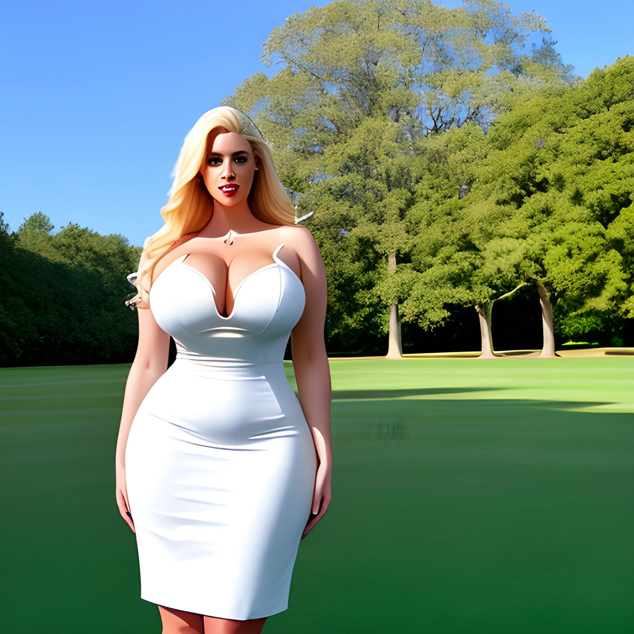 elegant huge very tall voluptuous blonde very young girl with very small head and very broad shoulders in short tight white dress standing close on a green lawn under blue sky towerring strongly over us 