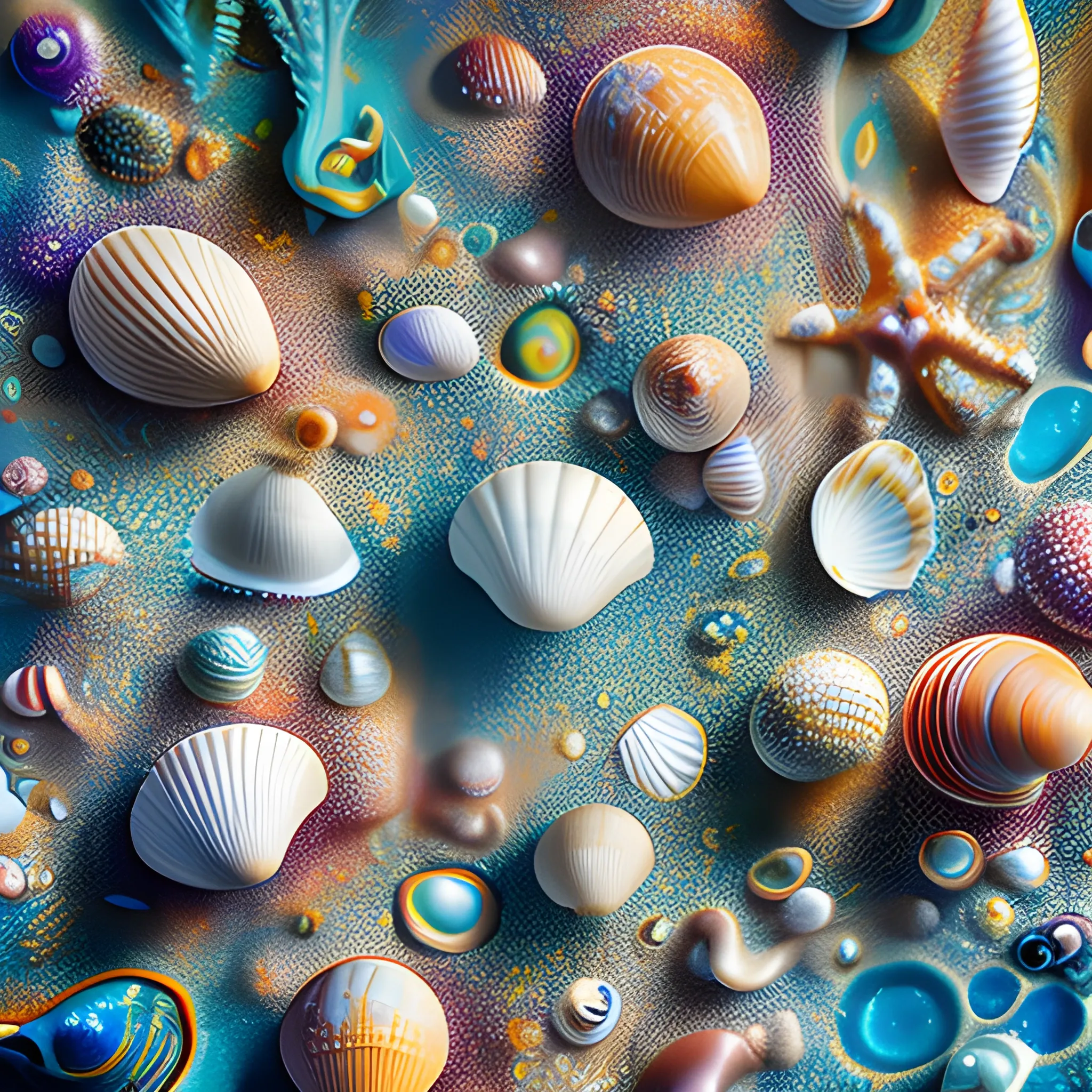 Splash Art, close-up macro shots of unusual sea creatures among dazzling white sands and vivid shells on the seafloor using available light, in the style of impressionist paintings.