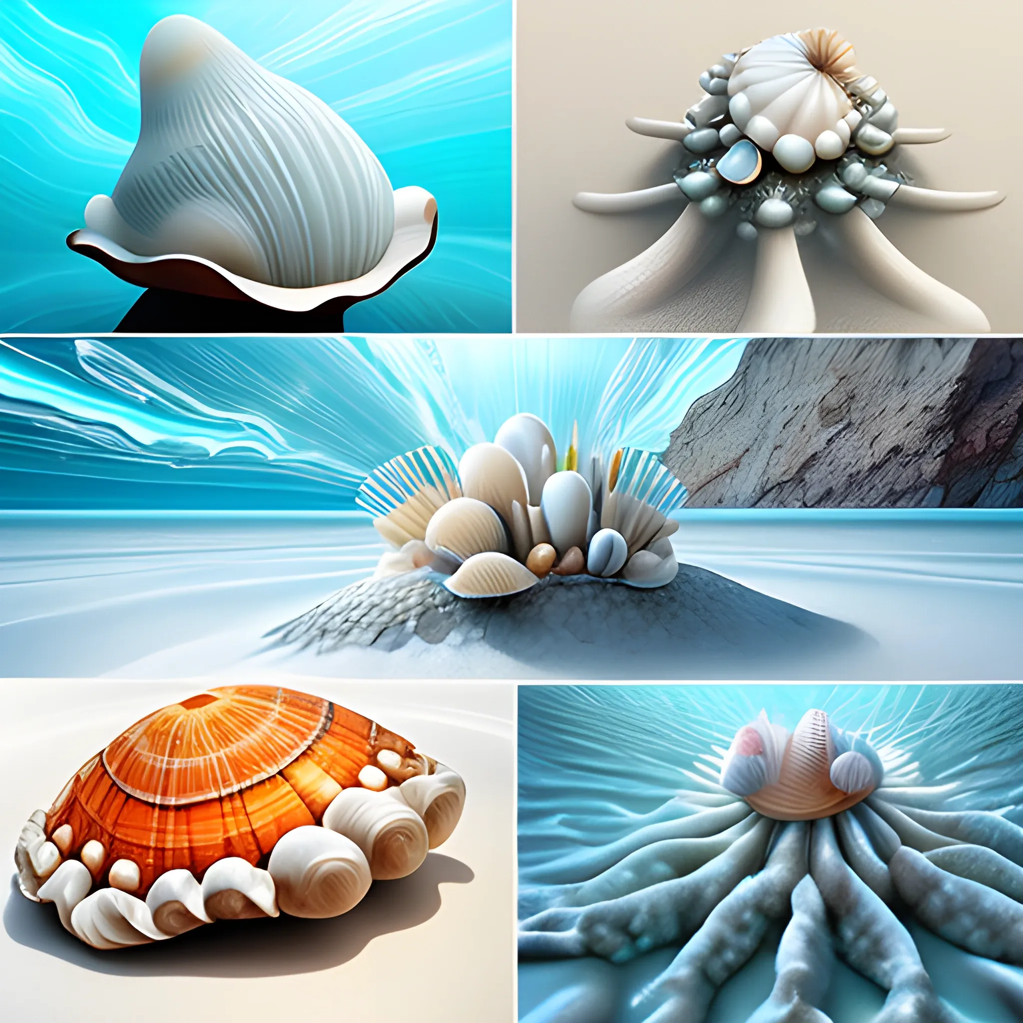 Digital Art, close-up macro shots of unusual sea creatures among dazzling white sands and vivid shells on the seafloor using available light, in the style of science fiction concept art.