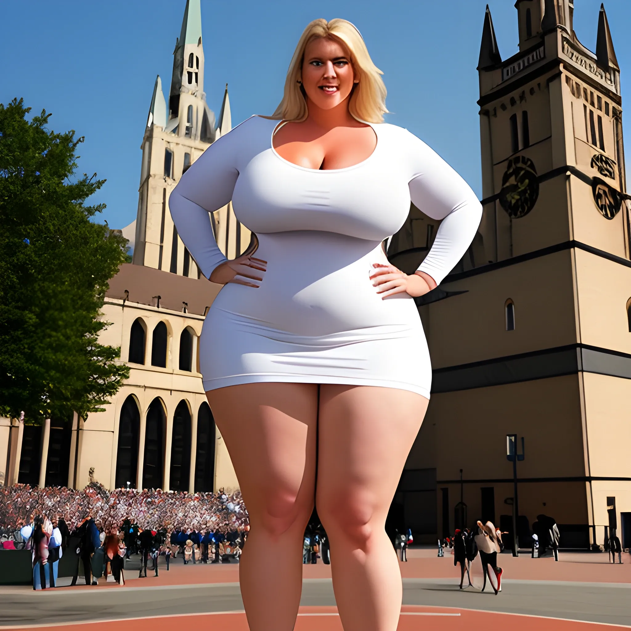 huge and very tall friendly blonde plus size girl with small hea 