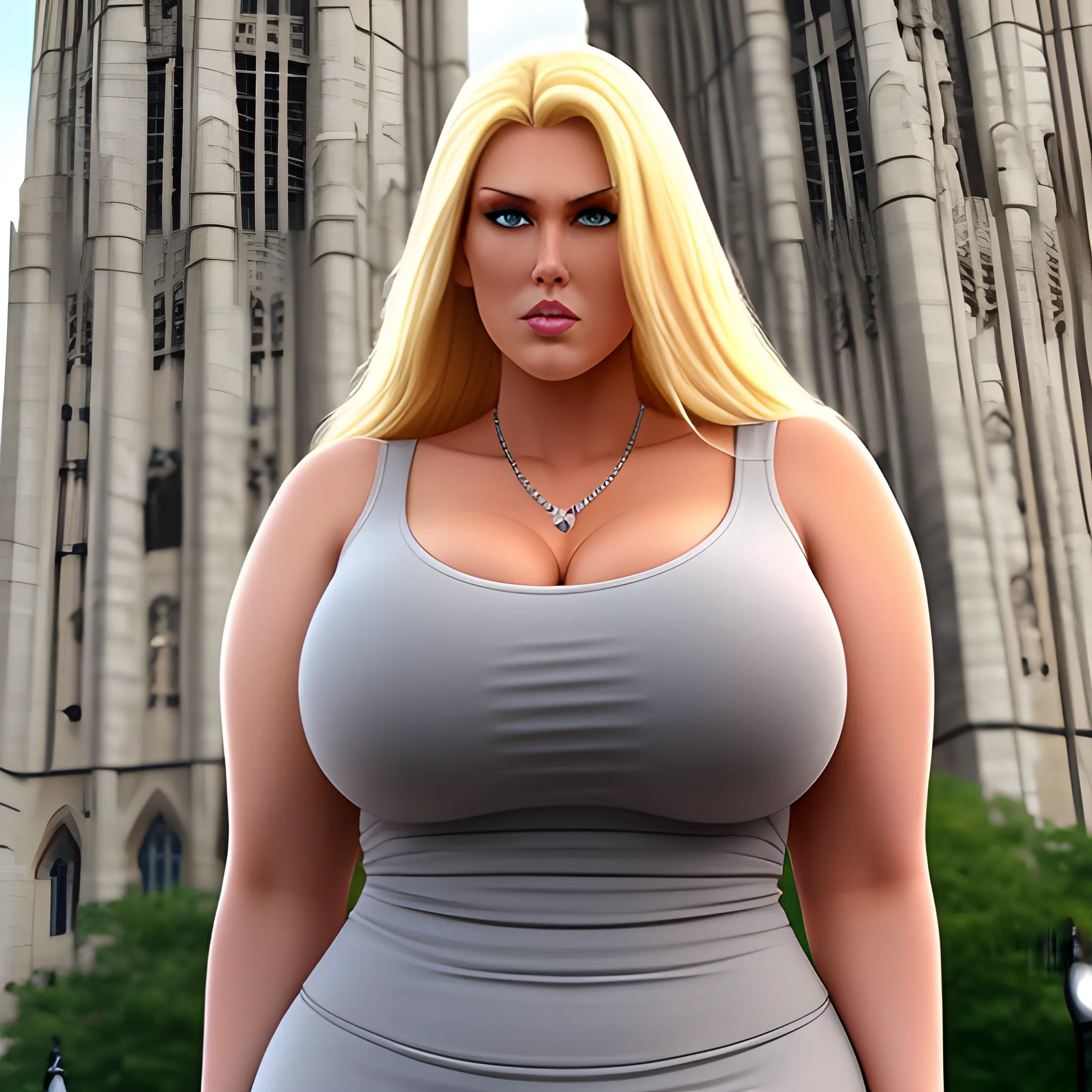 huge and very tall friendly blonde plus size girl with small head and broad shoulders, not curvy but massive, on busy schoolyard towerring among other students and teachers 