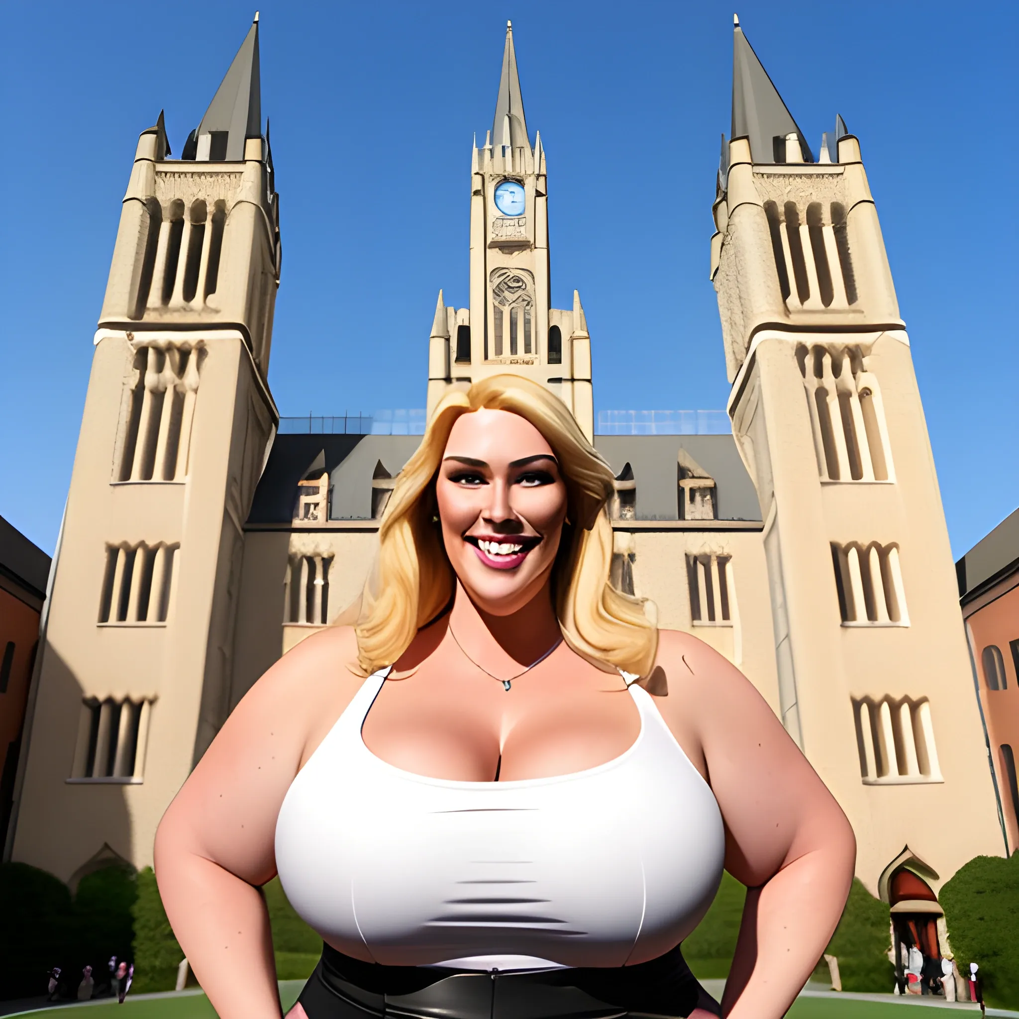 huge and very tall friendly blonde plus size girl with small head and broad shoulders, not curvy but massive, on busy schoolyard towerring with gentle smile among other students and teachers 