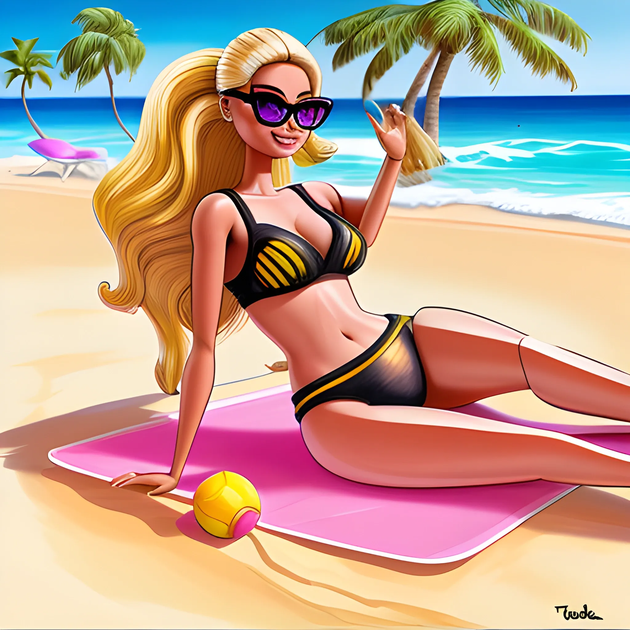 barbie, Pencil Sketch, morena, gafas de sol, playa, toalla, arena,