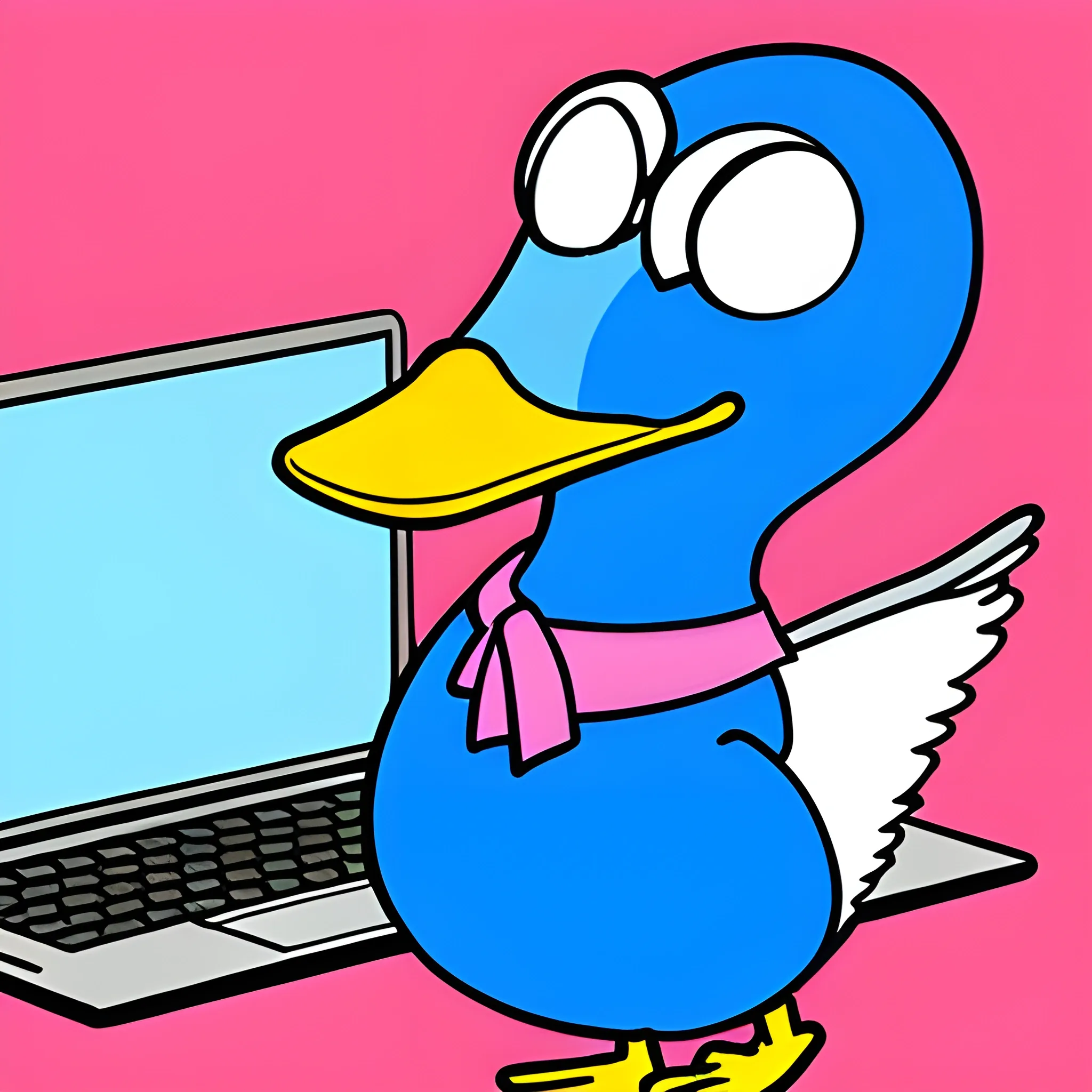 Blue duck, dancing, laptop in hand,, Cartoon