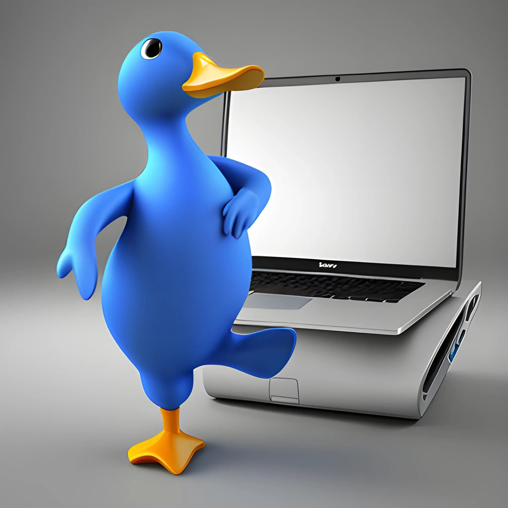 Blue duck, dancing, laptop in hand,,, 3D