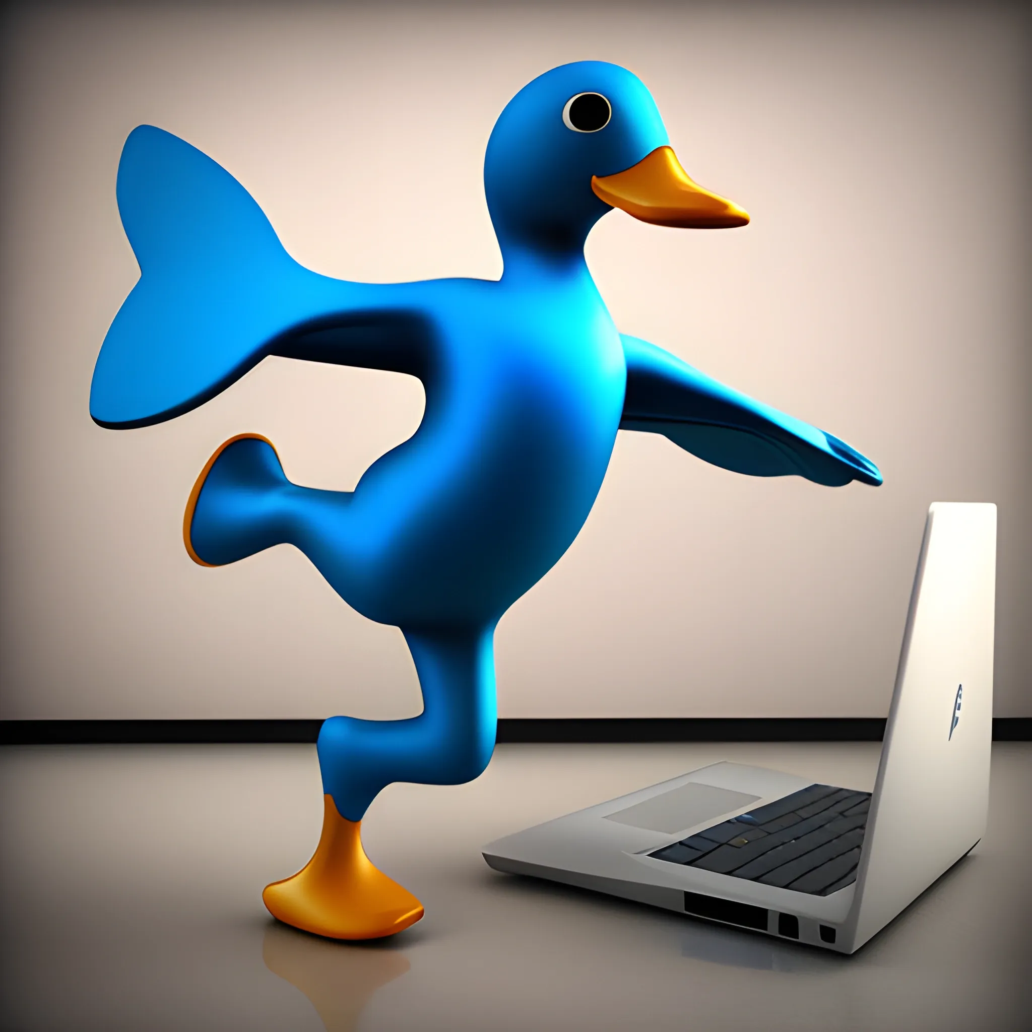 Blue duck, dancing, laptop in hand,,, 3D