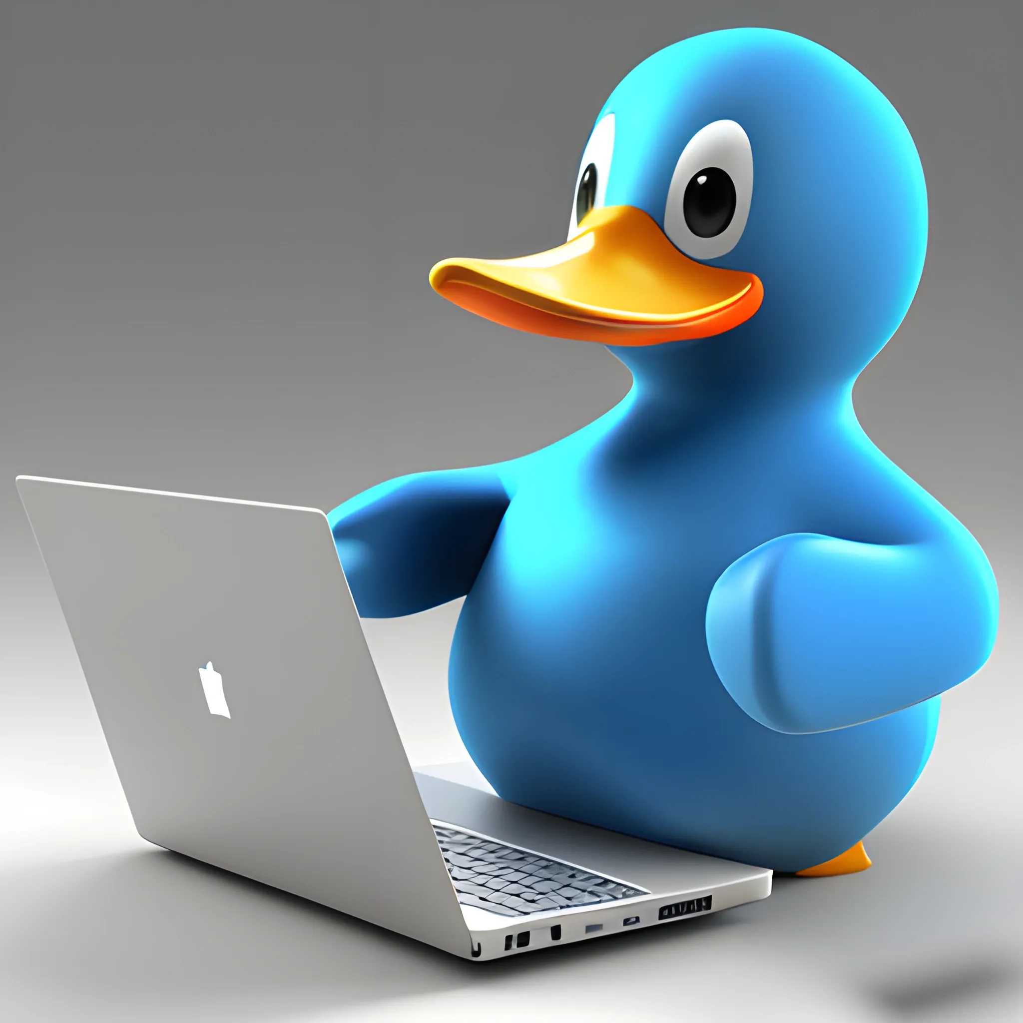 blue duck, human hands, dancing, laptop in left hand,, 3D