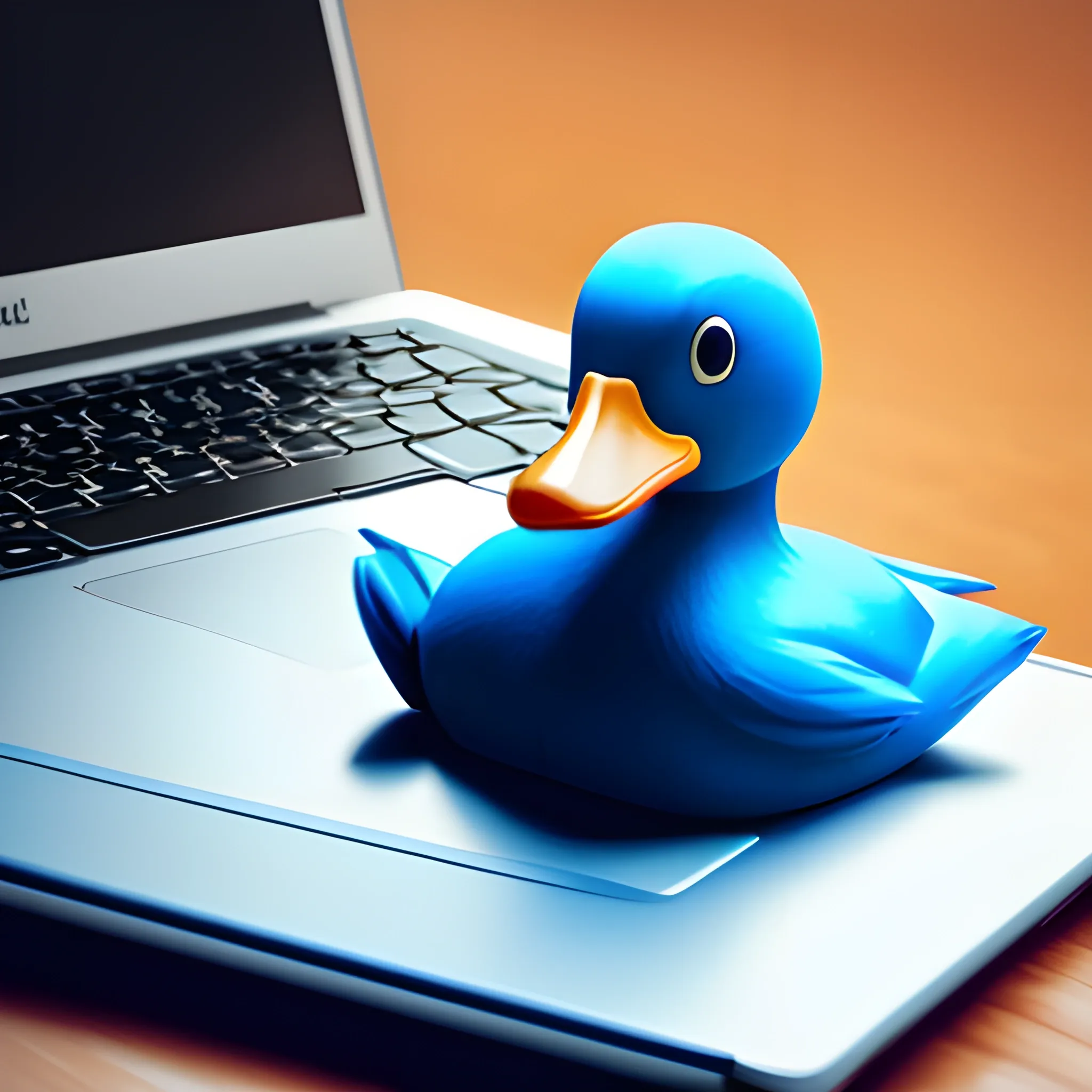 blue duck, human hands, dancing, laptop in left hand,, real life