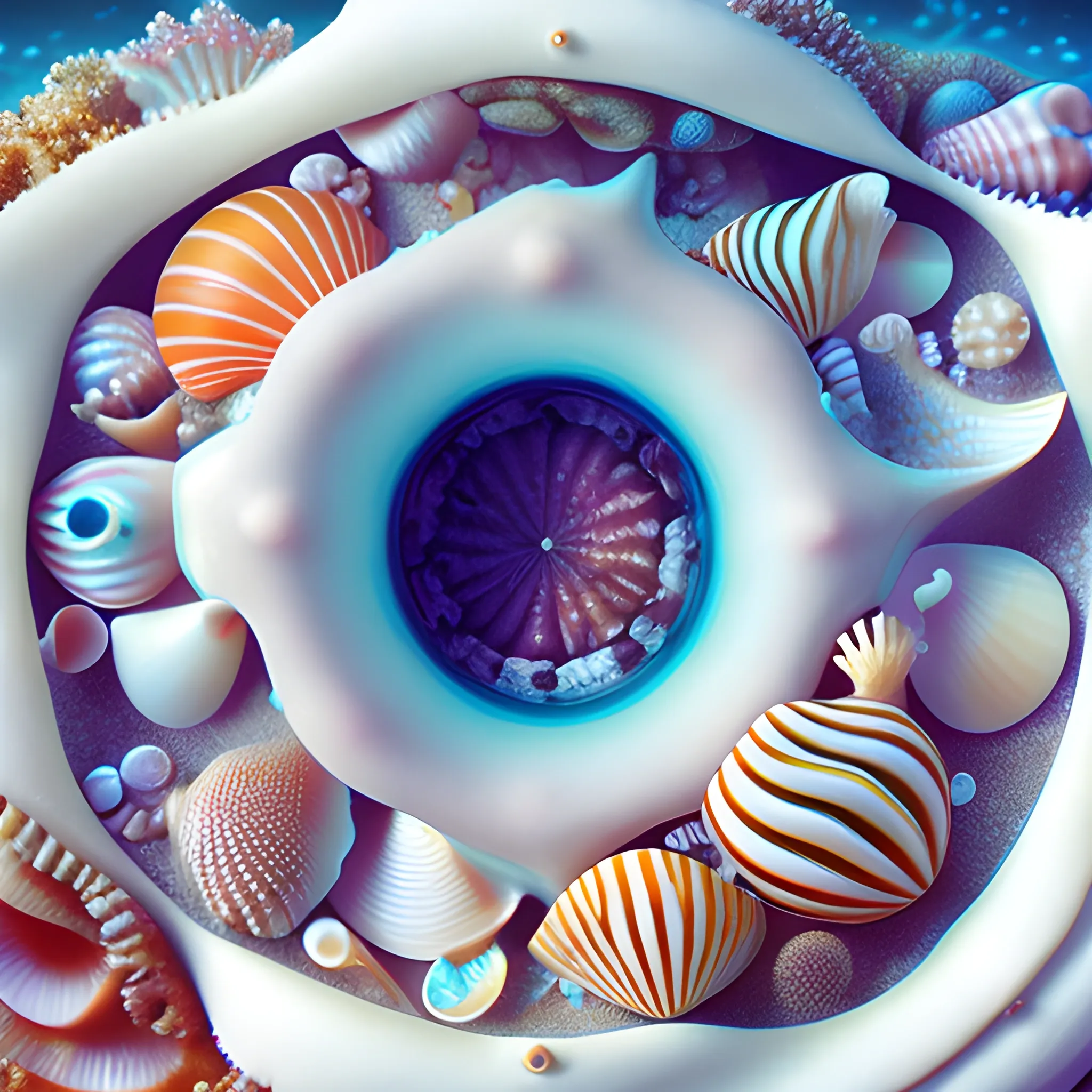 Hyper Realistic, close-up macro shots of unusual sea creatures among dazzling white sands and vivid shells on the seafloor using available light, in the style of underwater photography.