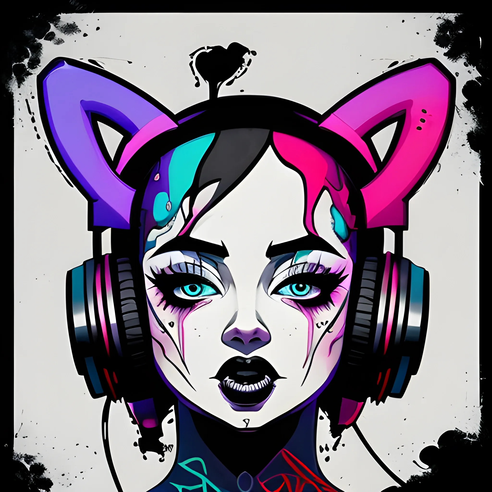 Vertical digital illustration of a busty, animated female figure reminiscent of graffiti and tattoo art. She's wearing a dj headset. The character has exaggerated features such as large eyes and a tongue, with a dynamic, dramatic pose. It presents a bold contrast with a color palette dominated by black (#000000), white (#FFFFFF) and red (#FF0000). The character is set against a solid color background with a subtle gradient and vignette effect, accentuated by abstract splash details. The image has a high resolution with sharp, precise lines and a glossy texture on the character's drops and tongue, suggesting a wet look. The image has no text and the lighting is directional, enhancing the dramatic effect. The style is contemporary, with a strong visual impact similar to that of street art., Water Color