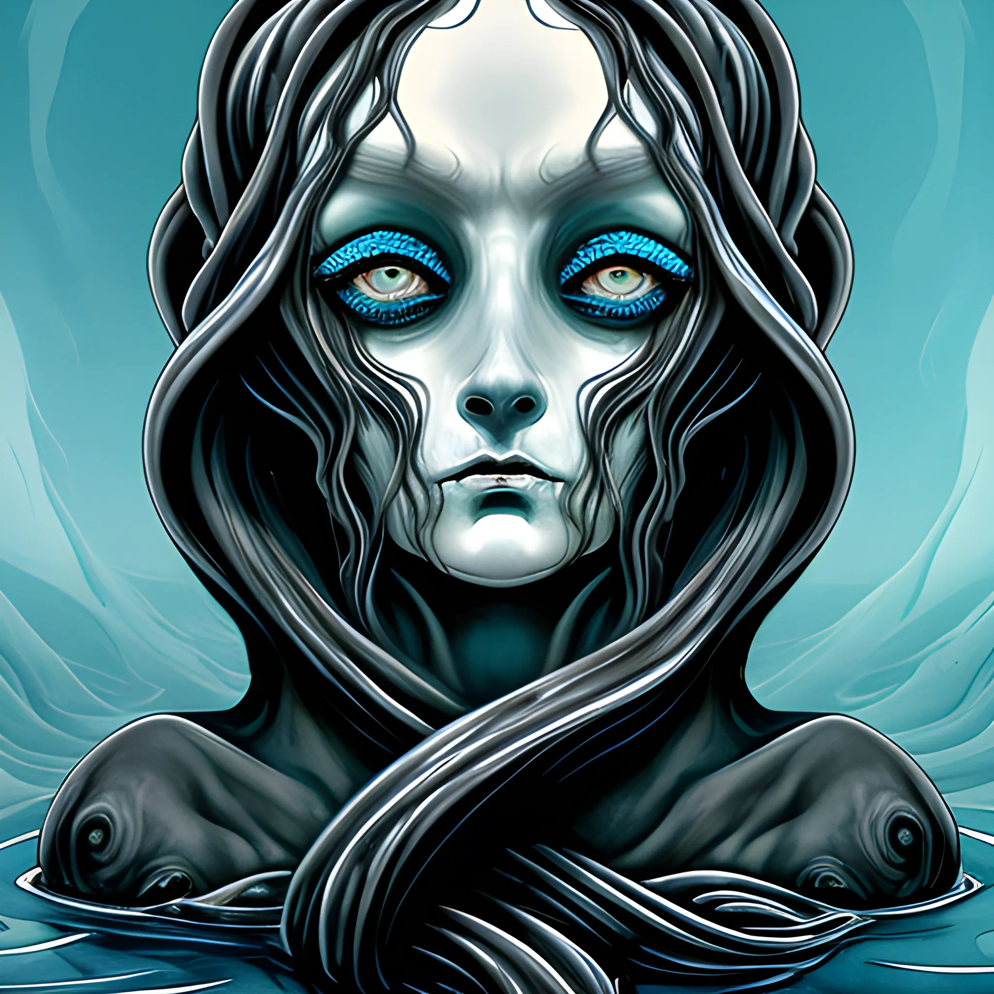 Sketch, a pale, tentacled face rising from the inky black depths, with flowing ebony hair and eyes the crystalline blue of the Aegean Sea, its beautiful yet cruel features twisted with divine rage, in the style of surrealism