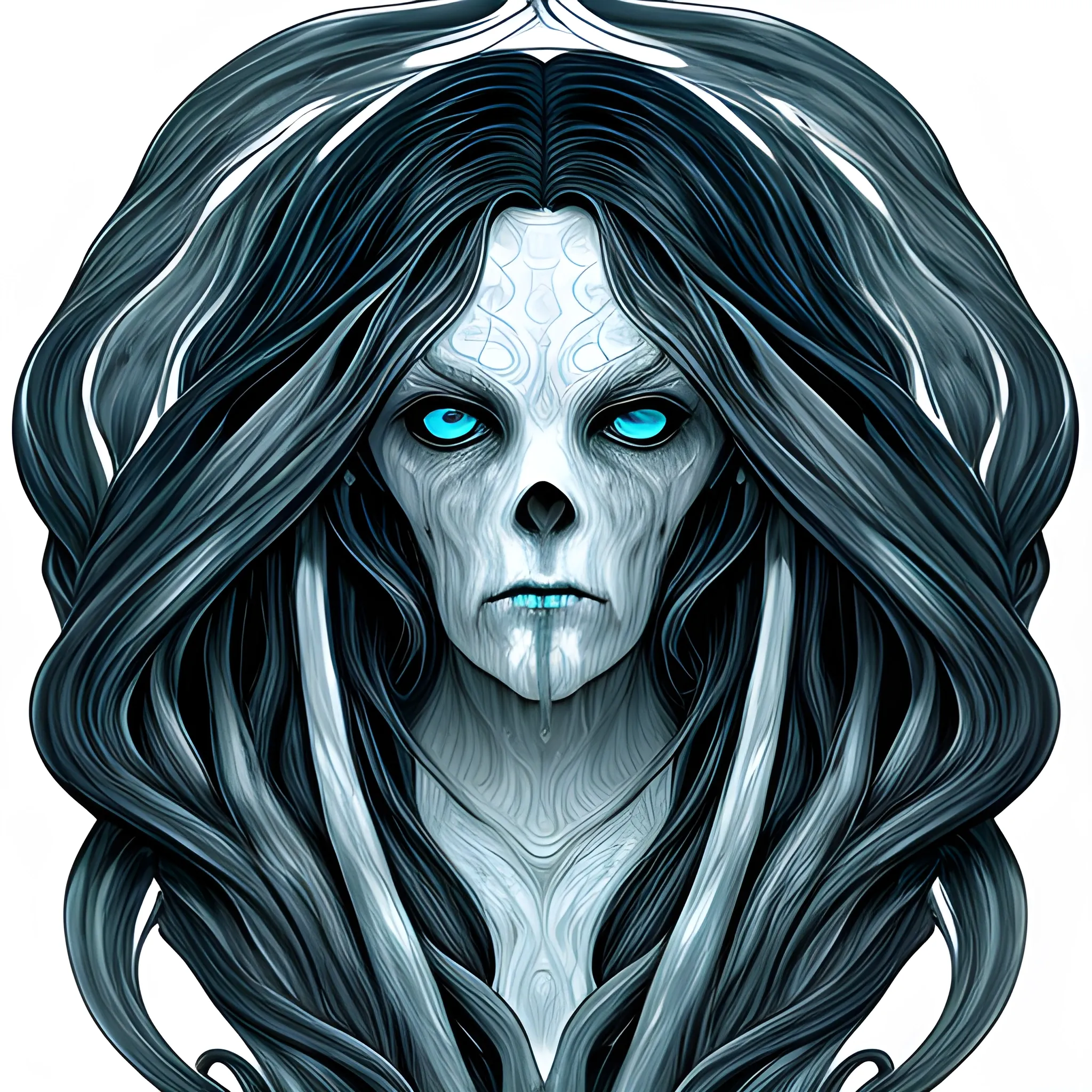 Line art, a pale, tentacled face rising from the inky black depths, with flowing ebony hair and eyes the crystalline blue of the Aegean Sea, its beautiful yet cruel features twisted with divine rage, in the style of fantasy art