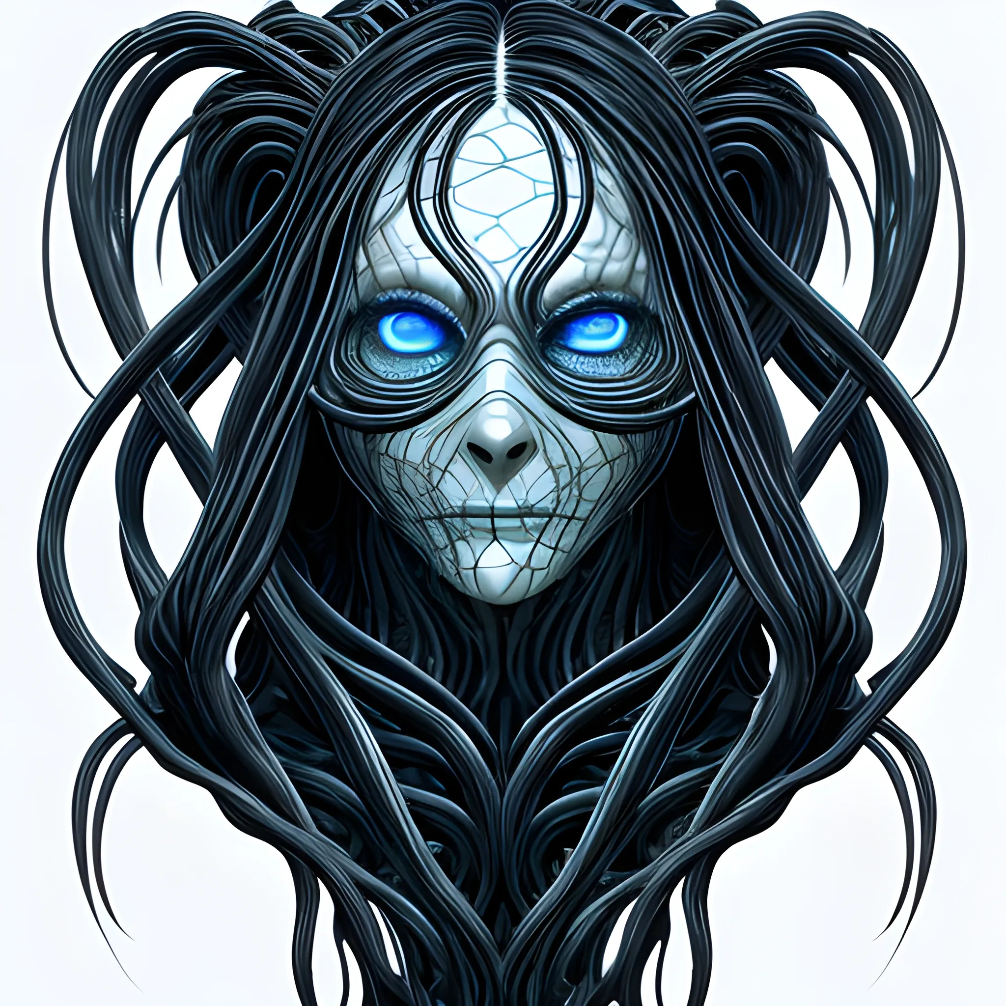 Wireframe, a pale, tentacled face rising from the inky black depths, with flowing ebony hair and eyes the crystalline blue of the Aegean Sea, its beautiful yet cruel features twisted with divine rage, in the style of H.R. Giger