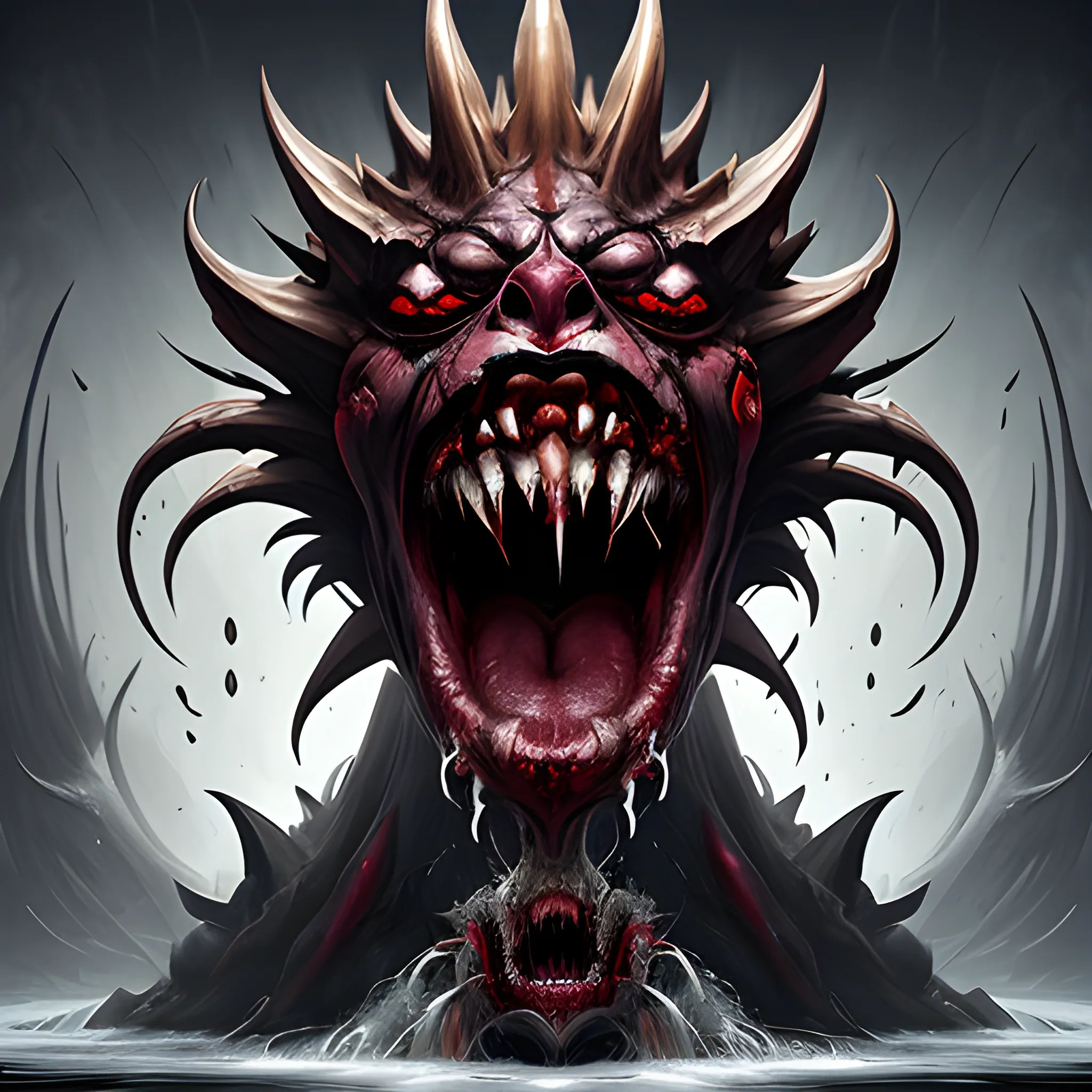 Splash art, a mouth opening to reveal rows of razor-sharp teeth as a screaming man is devoured whole by the vengeful poulp goddess, in the style of fantasy art.