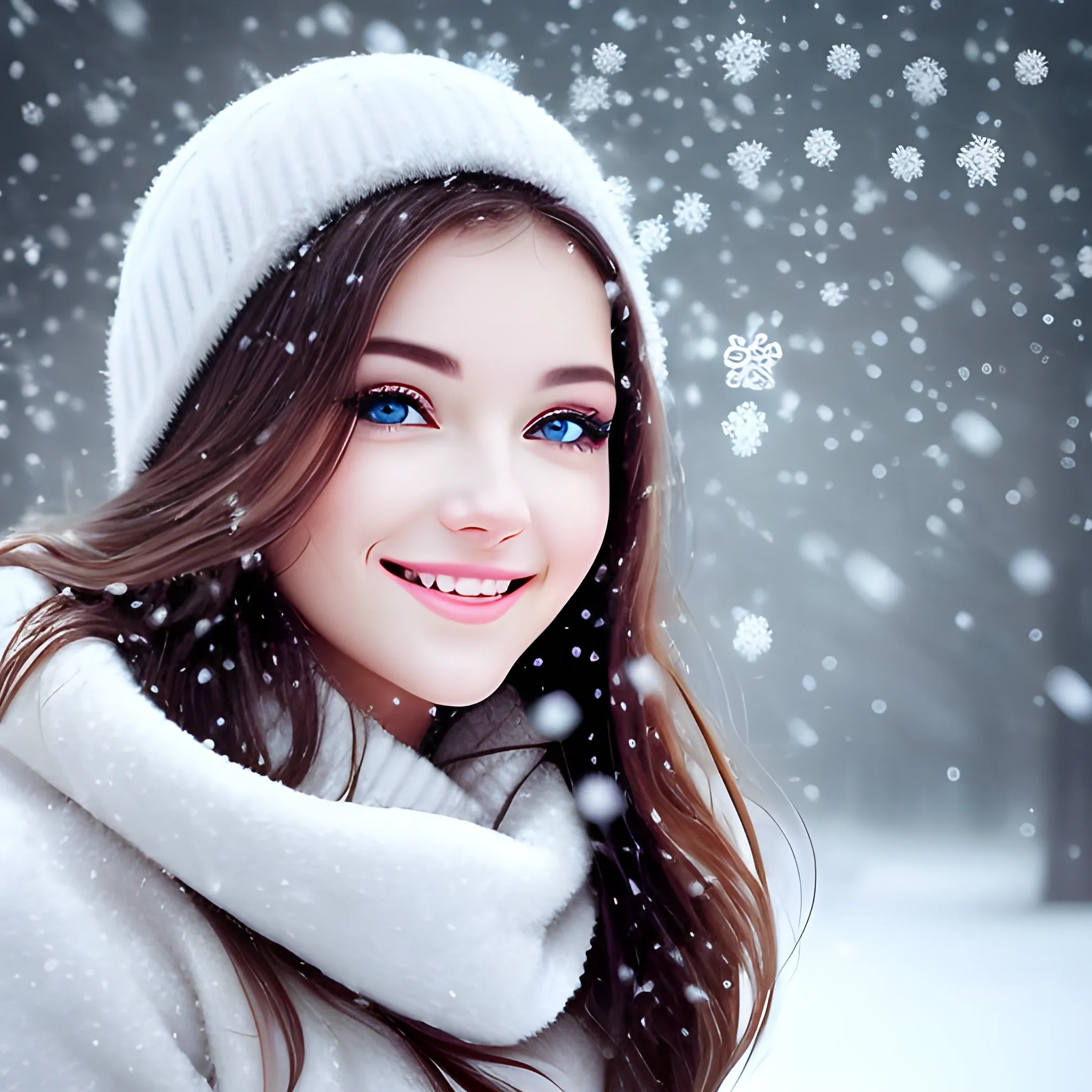 Beautiful woman looking at falling snowflakes with gorgeous clear eyes and sweet smile