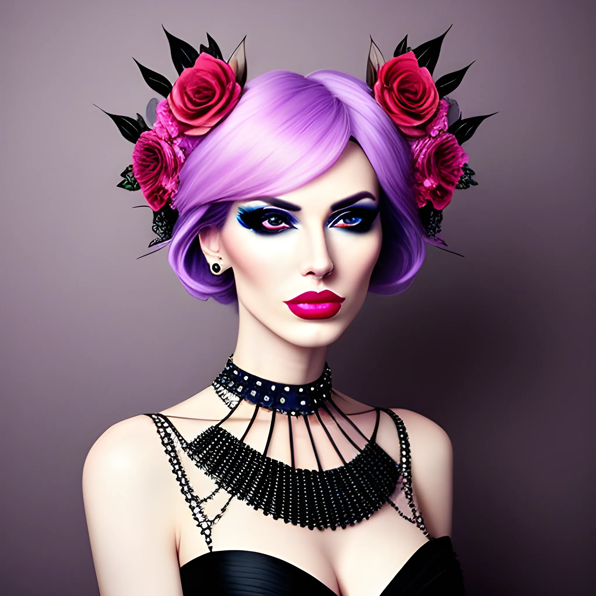 Portrait of a beautiful girl in bloom, mysterious and elegant floral punk fashion