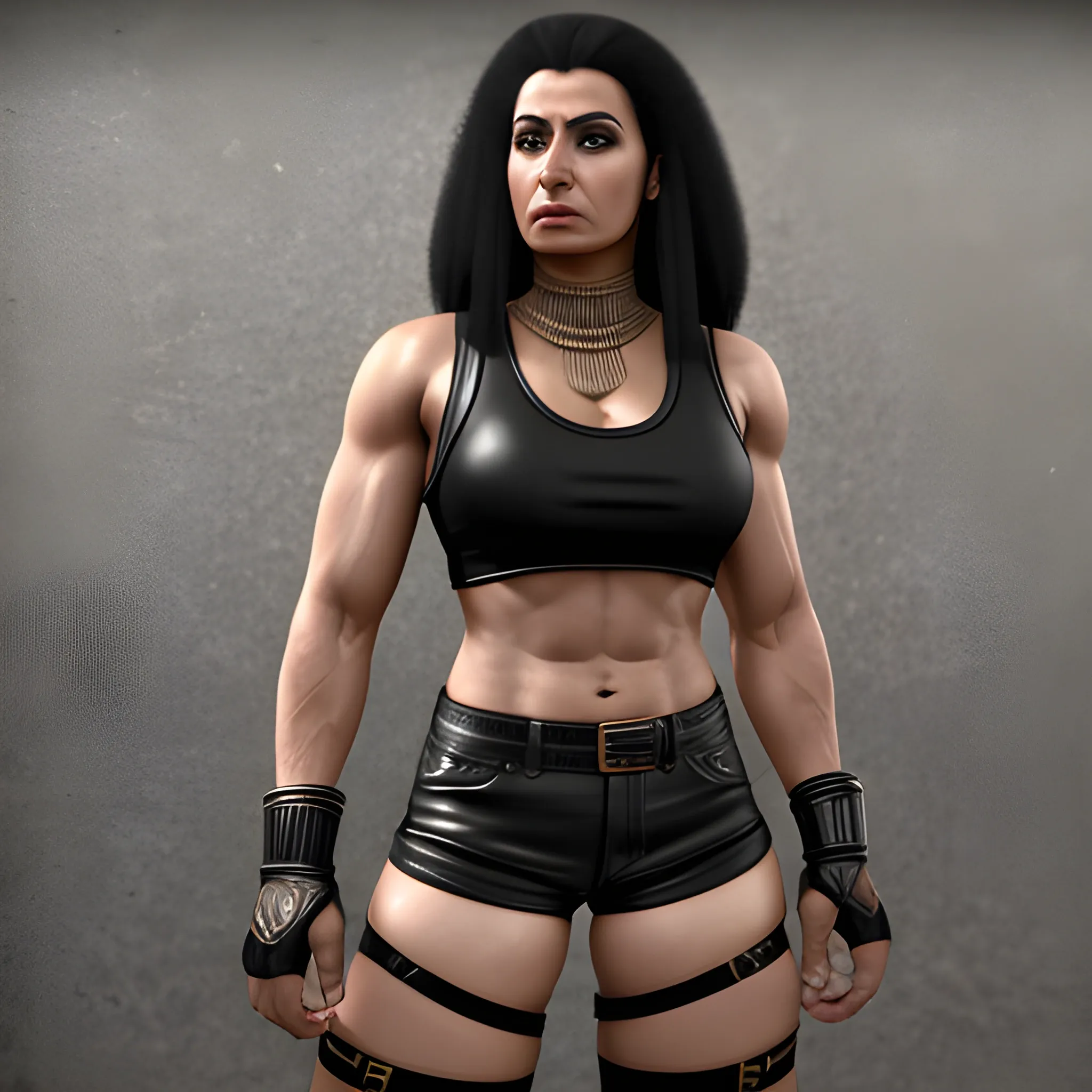 Egyptian 50 year old  muscular  biker woman in leather shorts and tank top realistic, , photo quality cinematic, UHQ