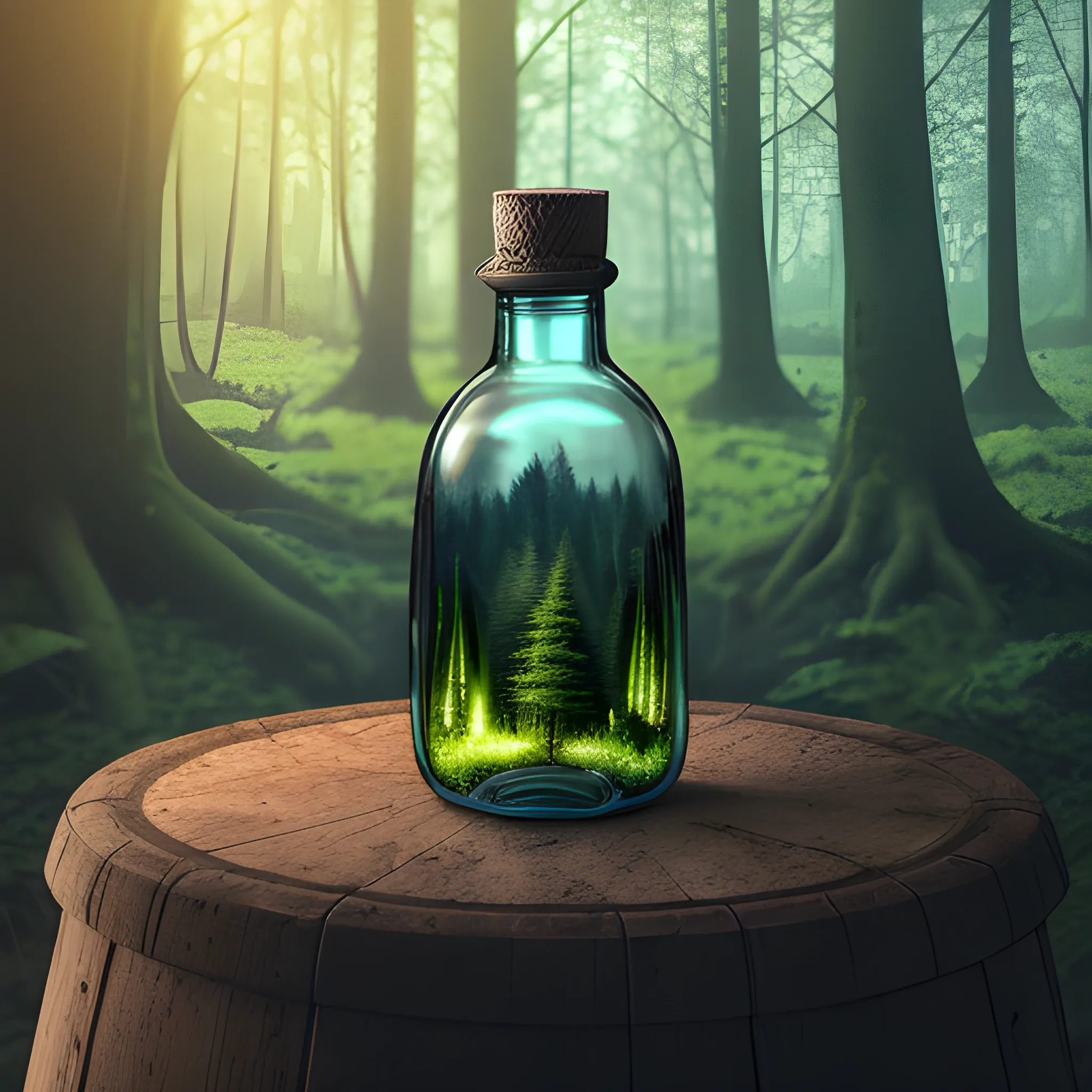 (a big bottle in the forest, inside the bottle there's a mini town ) intricate forest atmosphere, atmospheric oliva lighting, on the table, 4k UHD, dark vibes, hyper detailed, vibrant colors forest background, epic composition, octane render, sharp focus, high resolution isometric, in the center shot, ((closeup shot))