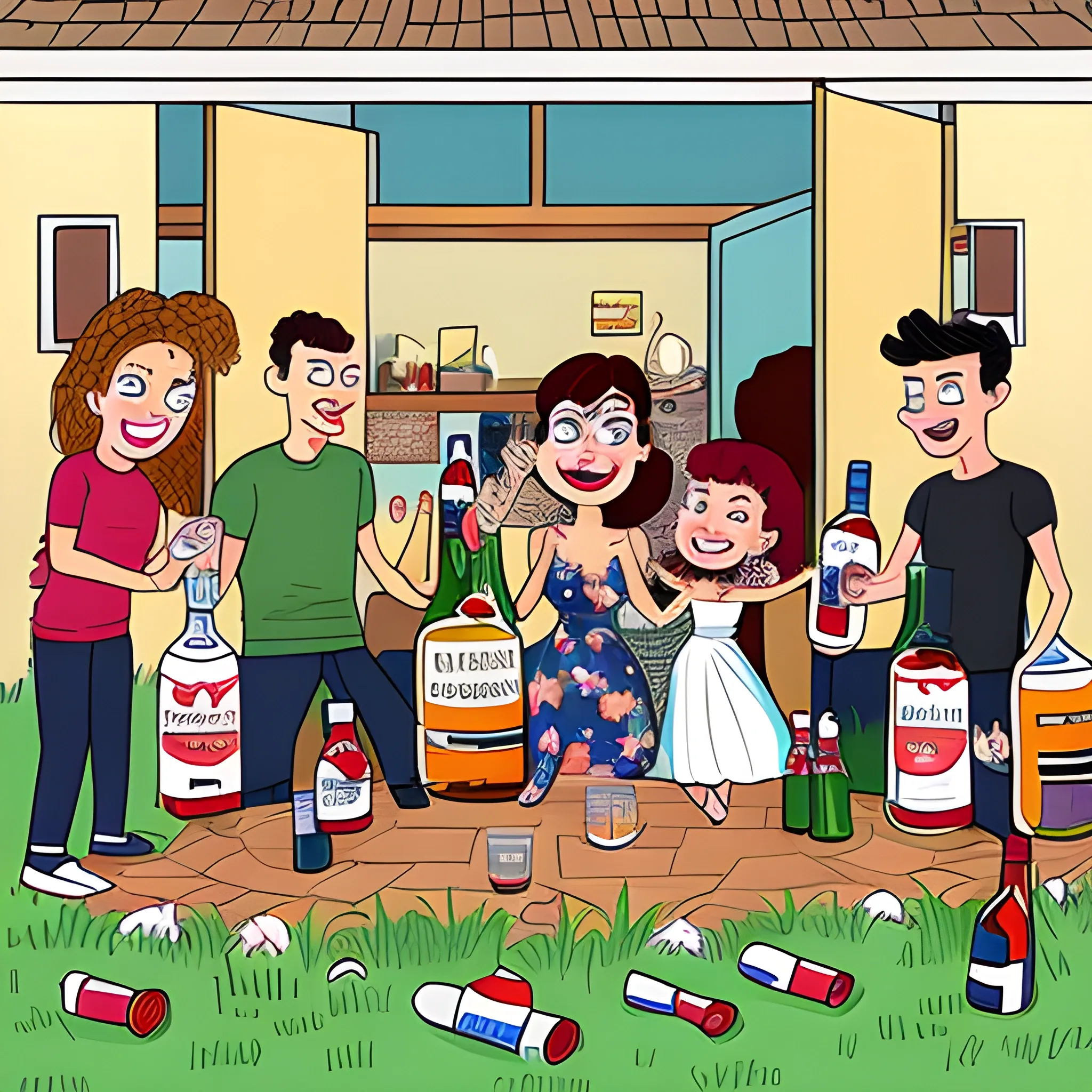 house party with bottles, Cartoon