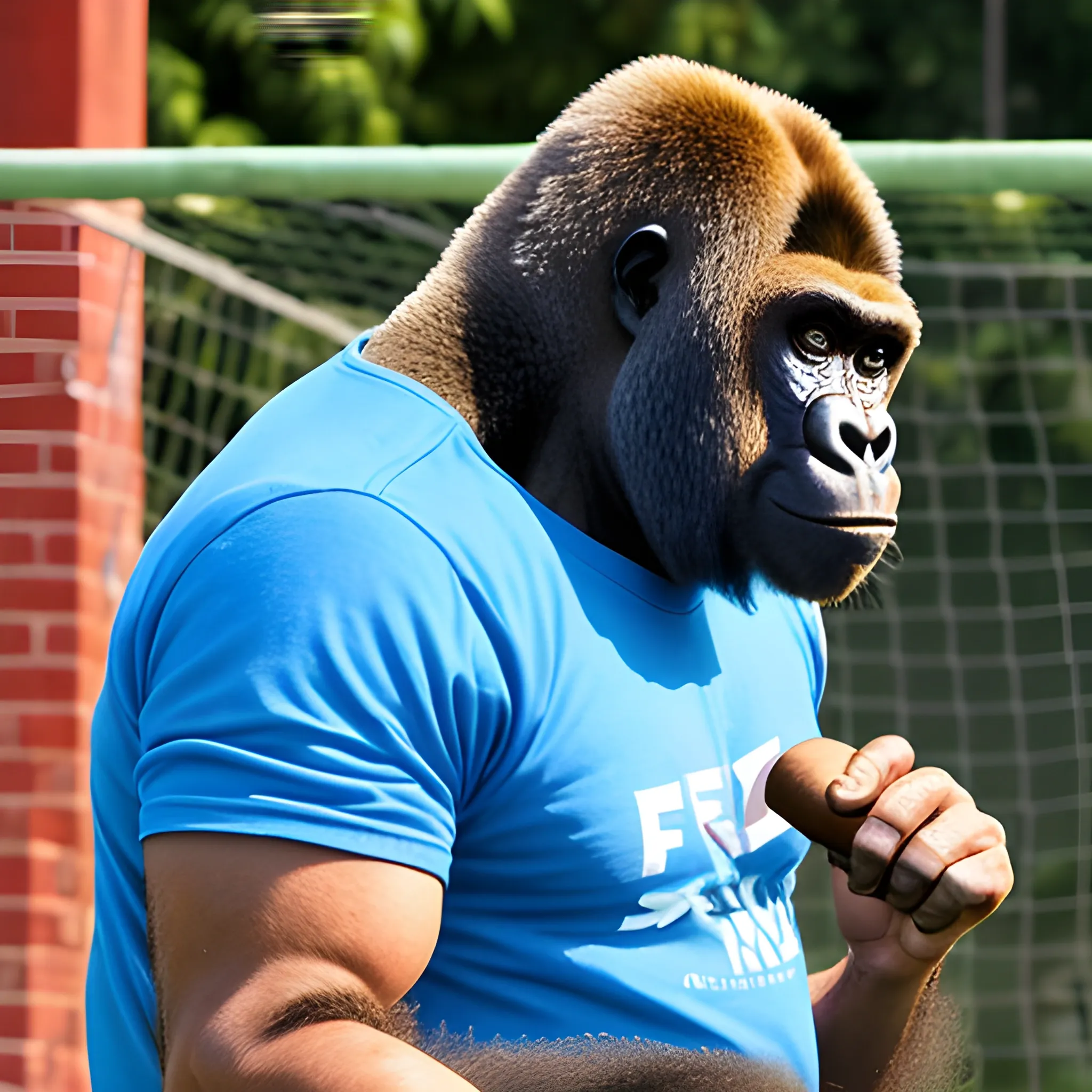 gorilla playing handball, smoking cigar, shorte azul, Blue shirt with "FEA" written on it