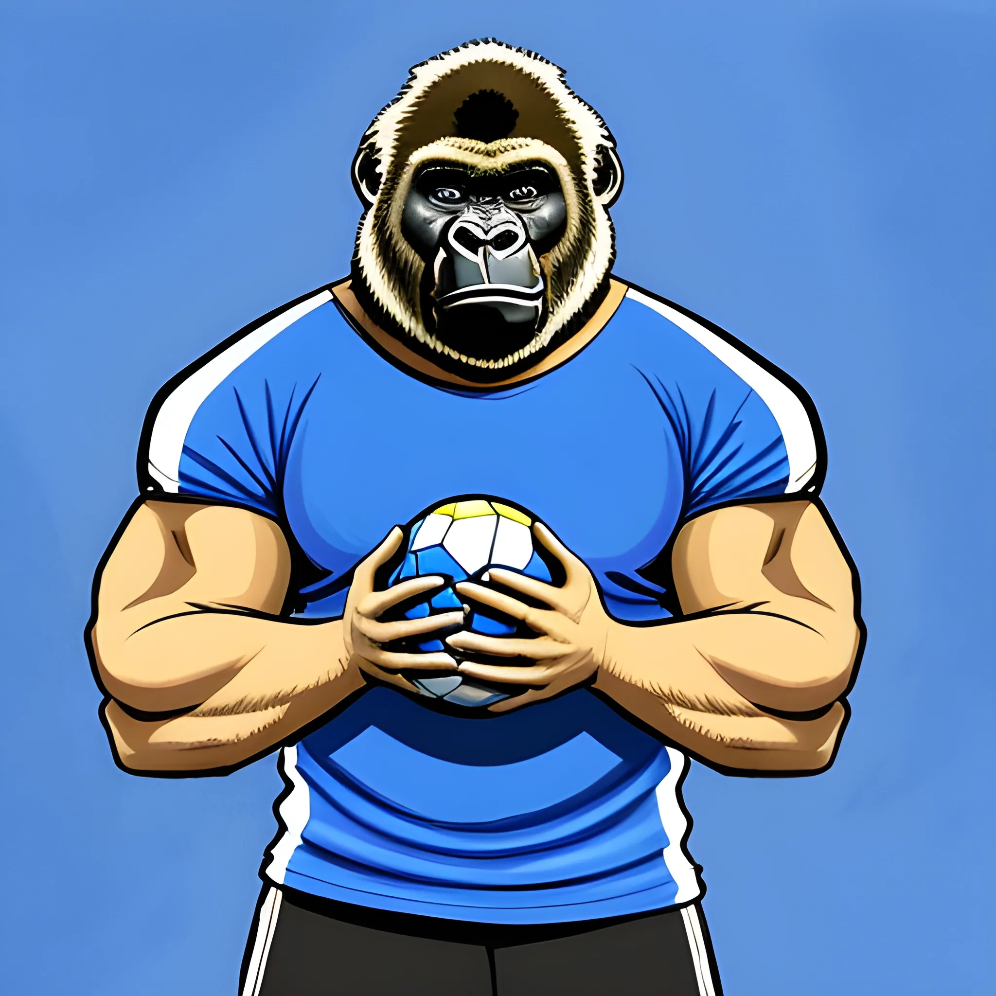 Gorilla, HANDBALL H3 ball in hand, blue t-shirt, Cartoon, 