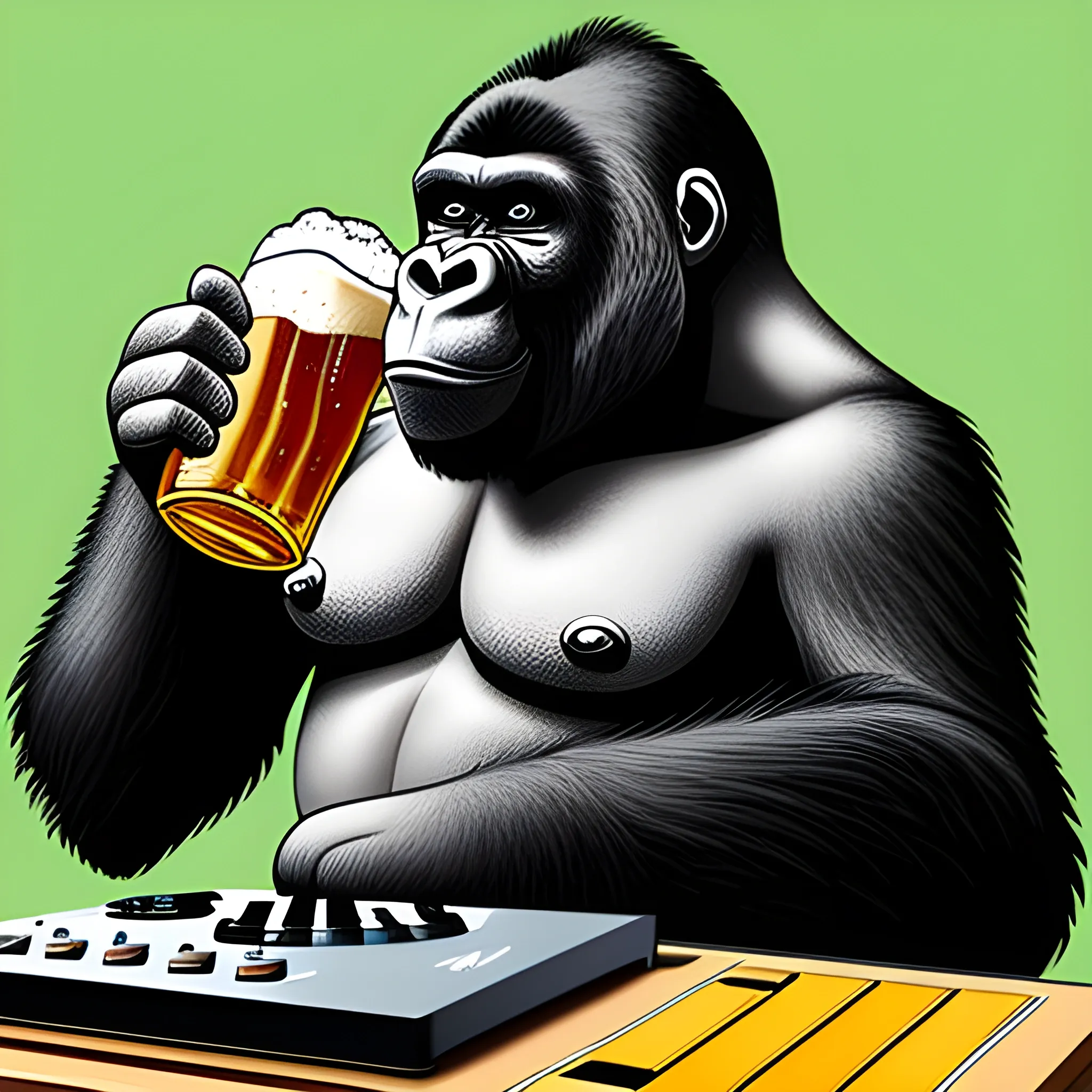 Gorilla dj, drinking beer, Cartoon, 