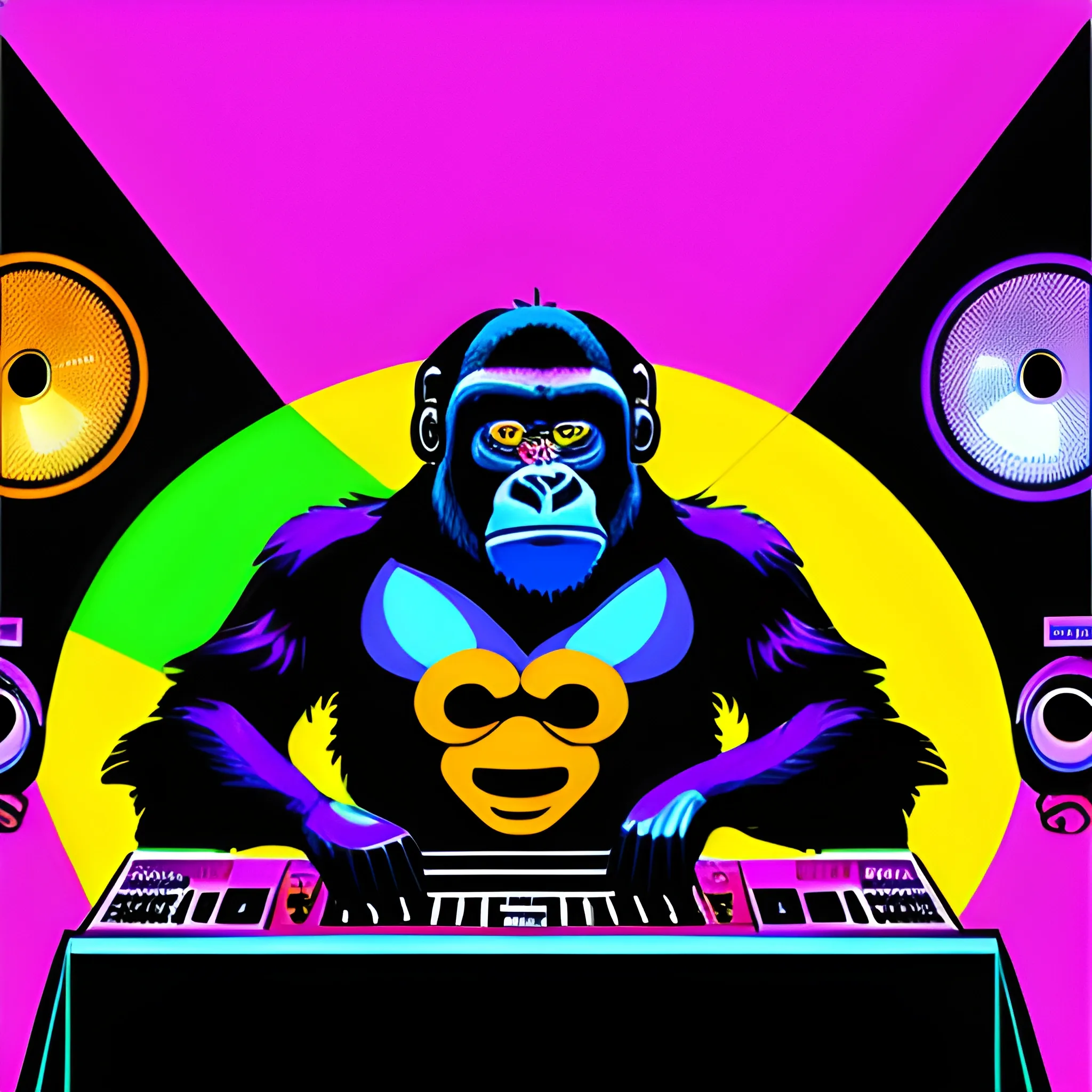 Gorilla dj, Cartoon, behind the table with black cloth written "FEA USP", runway full of people, set of speakers playing, colorful lights