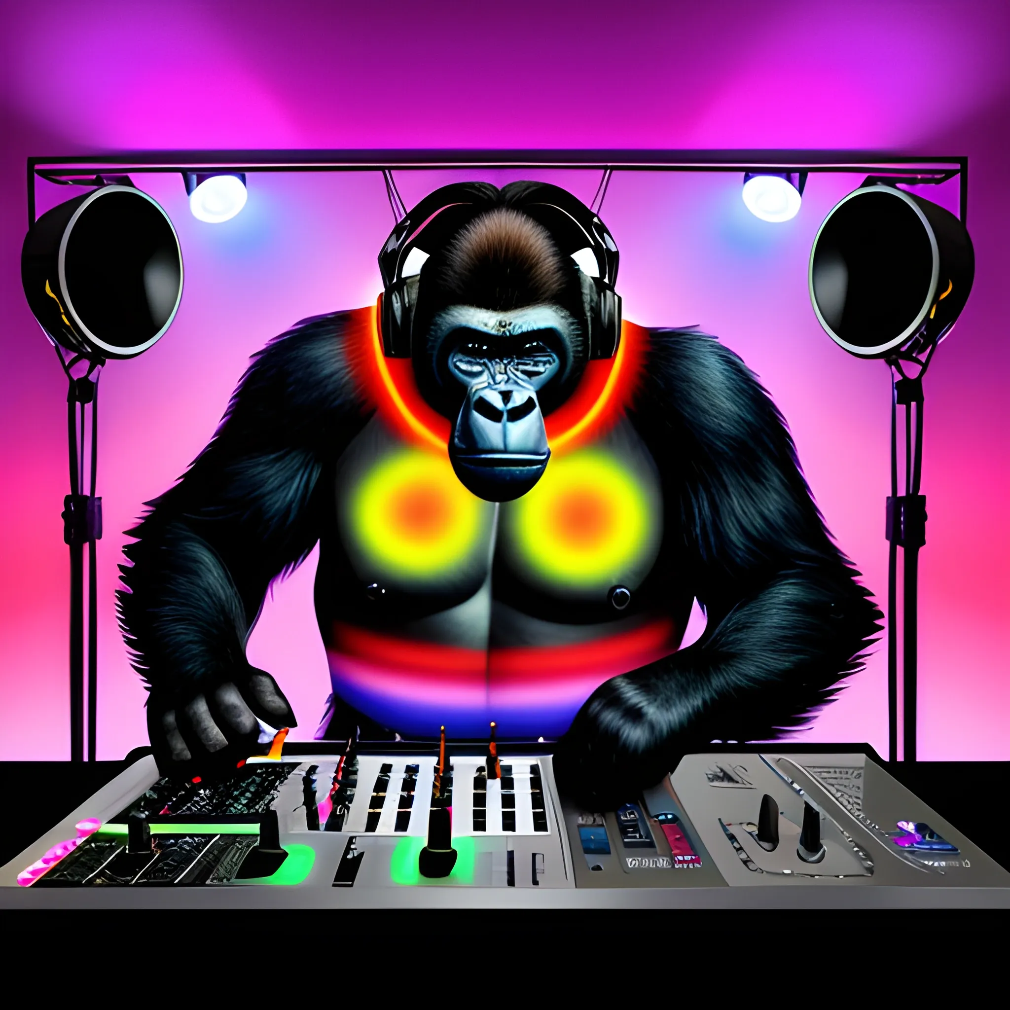 Gorilla dj speaking into the microphone behind the table with black cloth written "FEA USP", runway full of people, set of speakers playing, colorful lights, Cartoon