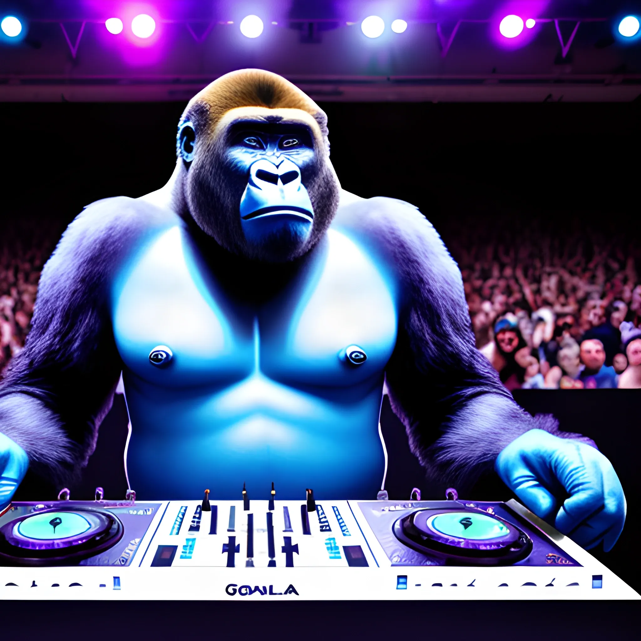 Gorilla dj speaking into the microphonegiving a packed show, runway full of people, set of speakers playing, blue lights, Cartoon