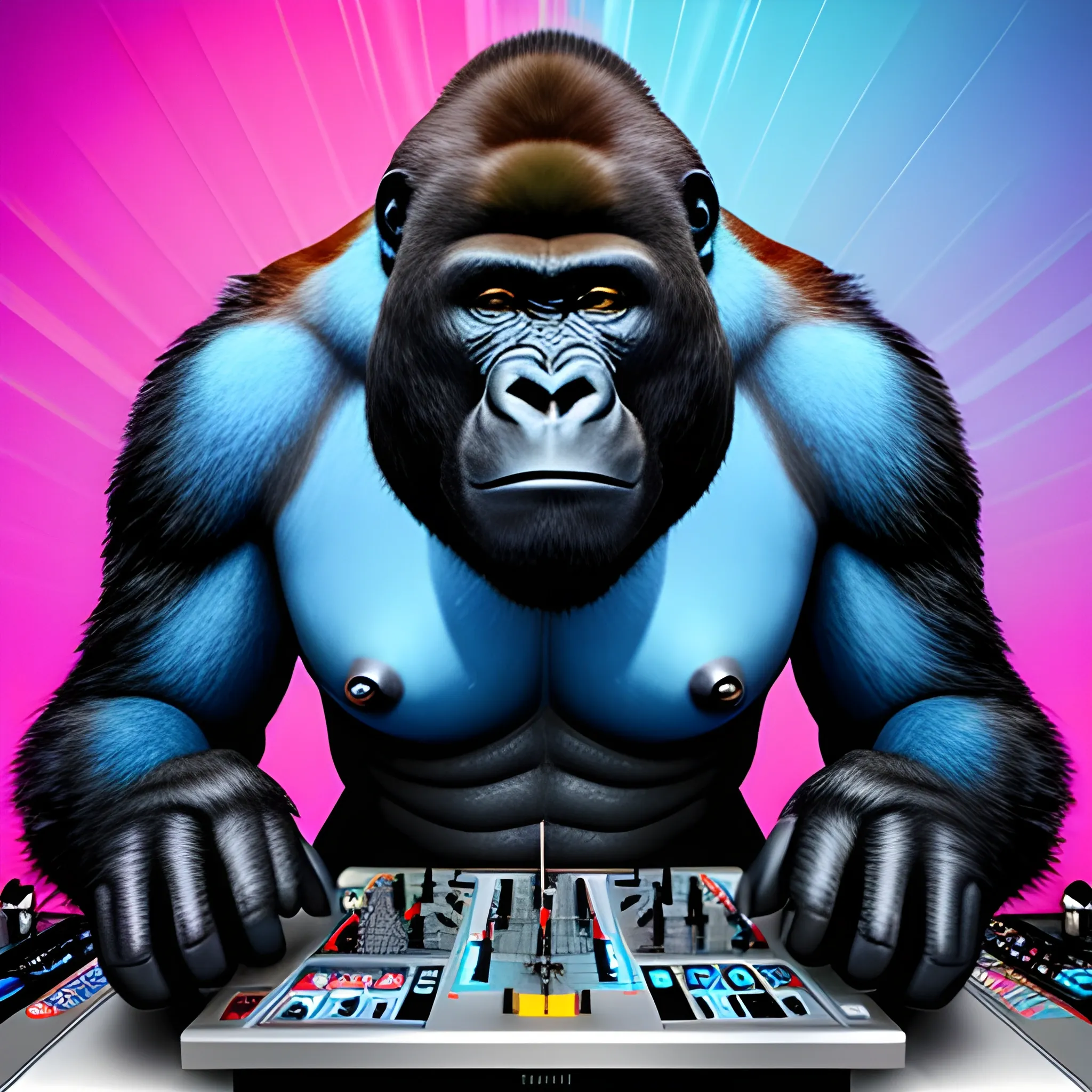 happy Gorilla dj speaking into the microphonegiving a packed show, runway full of people, set of speakers playing, blue lights, Cartoon