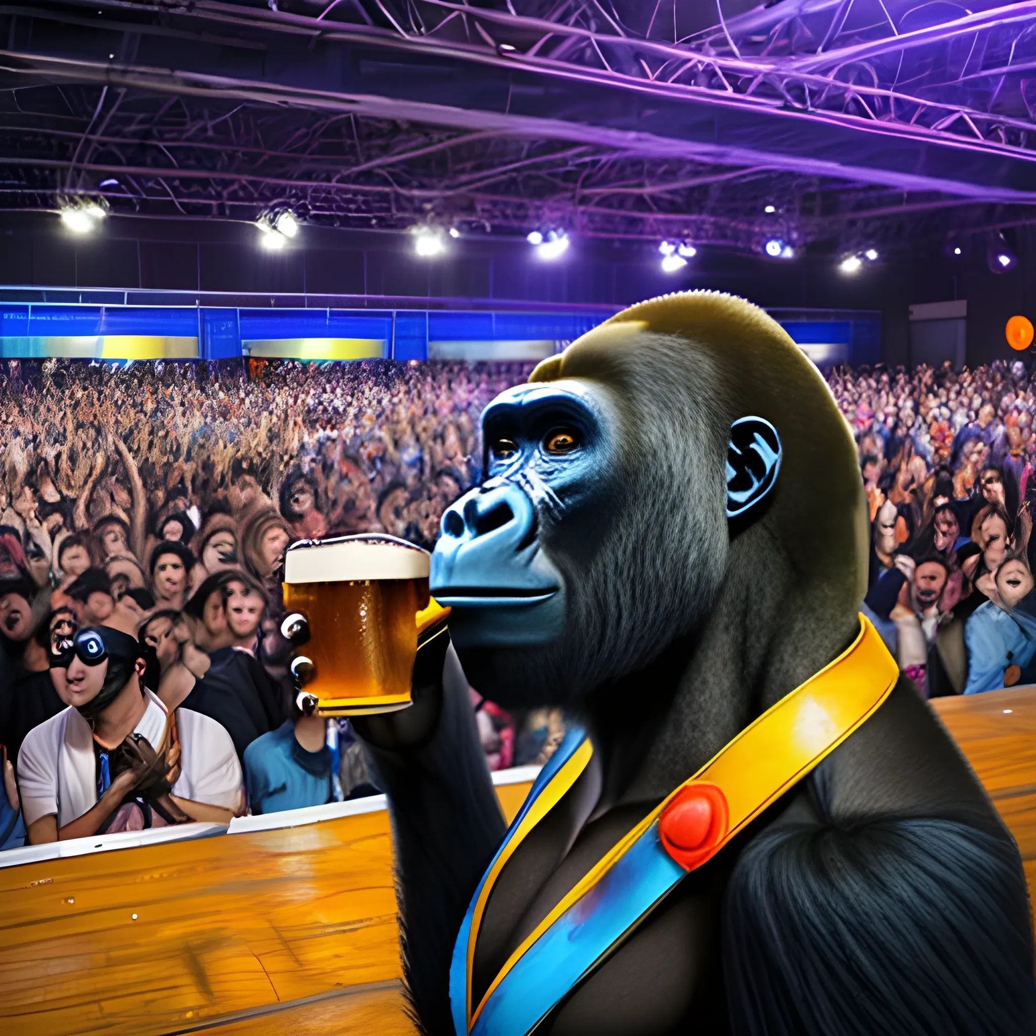 Gorilla Drinking beer, a packed show, runway full of people, set of speakers playing, blue lights, Cartoon, baile funk