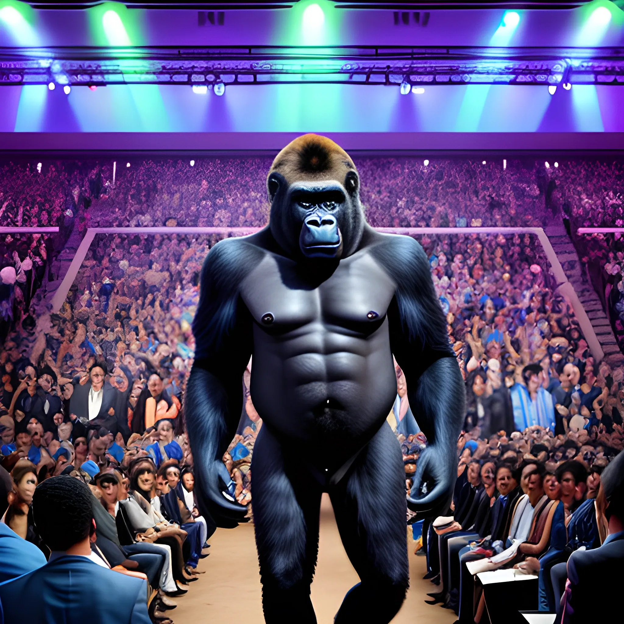 gorilla with tie, a packed show, runway full of people, set of speakers playing, blue lights, Cartoon, baile funk