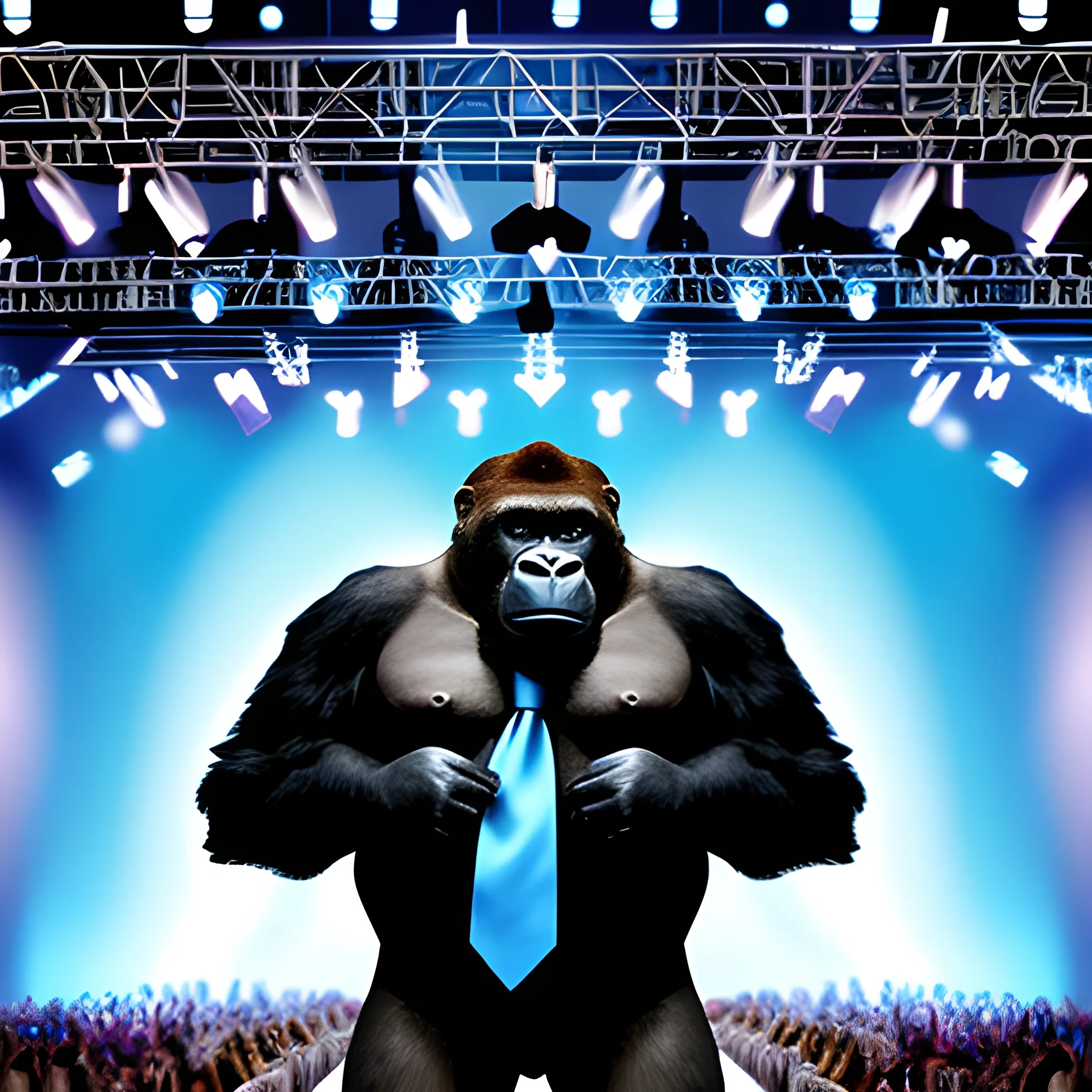 gorilla with tie, a packed show, runway full of people, set of speakers playing, blue lights, Cartoon, Brazilian Party