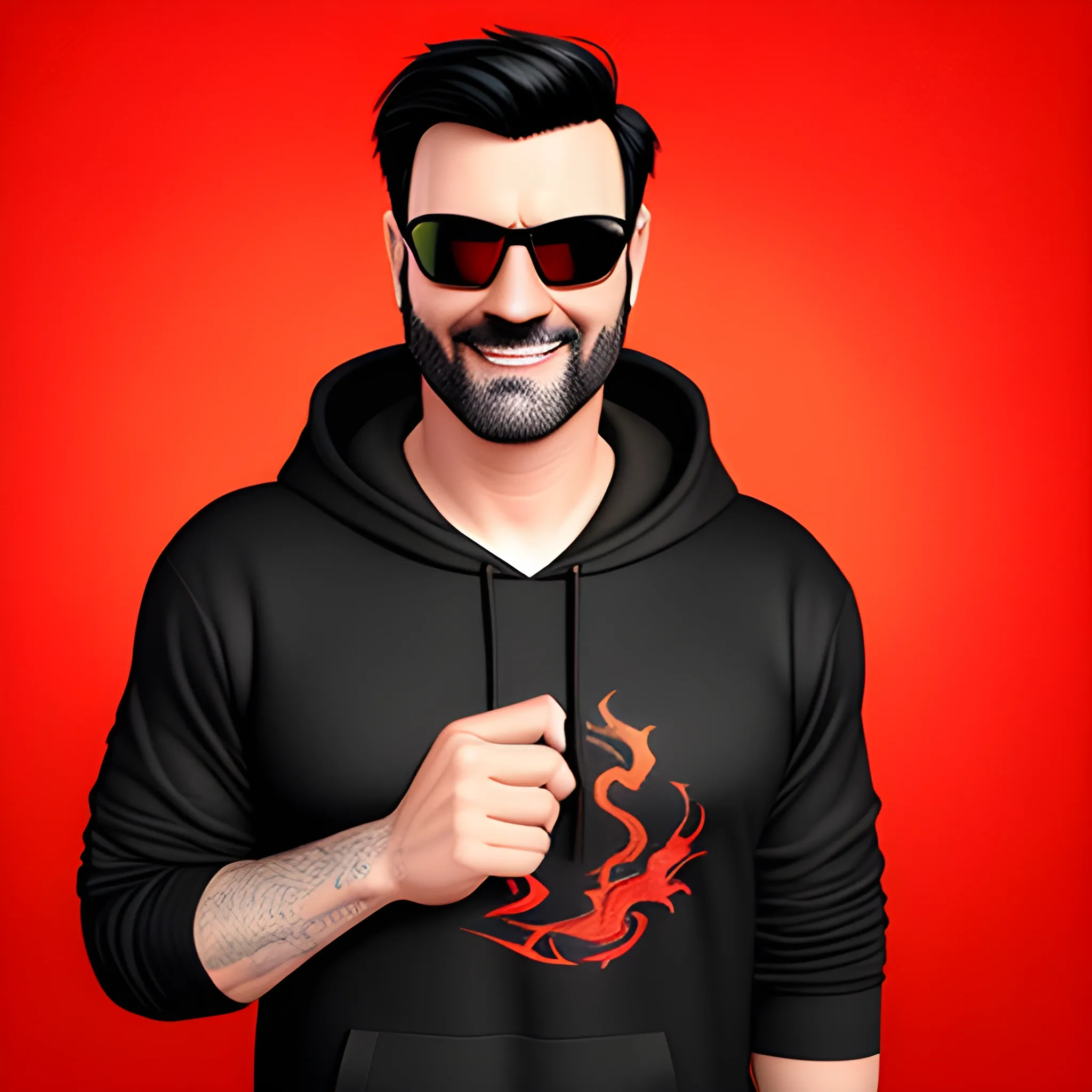 Pixar style headshot of a little boy wearing sunglasses and a hoodie, short black hair playful expression and a dragon print on a red background., 3D