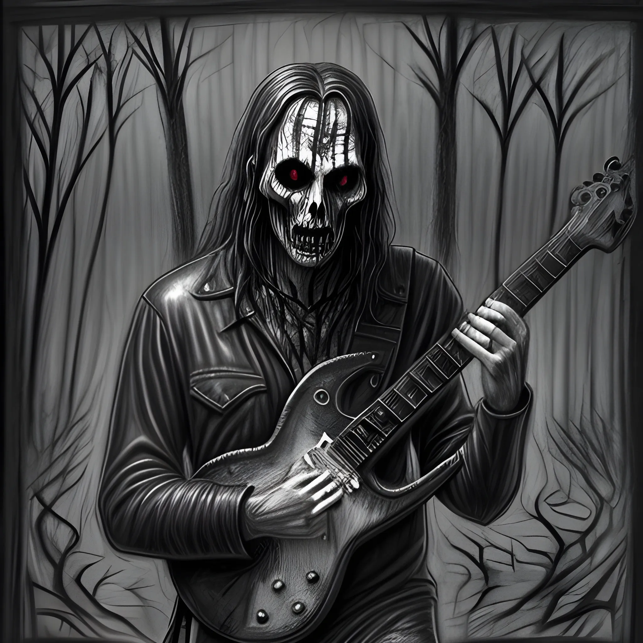 , Pencil Sketch man in dark leather corpse face pain playing a electric guitar dark in swamp woods with the words TRVE BLACK METAL on the top