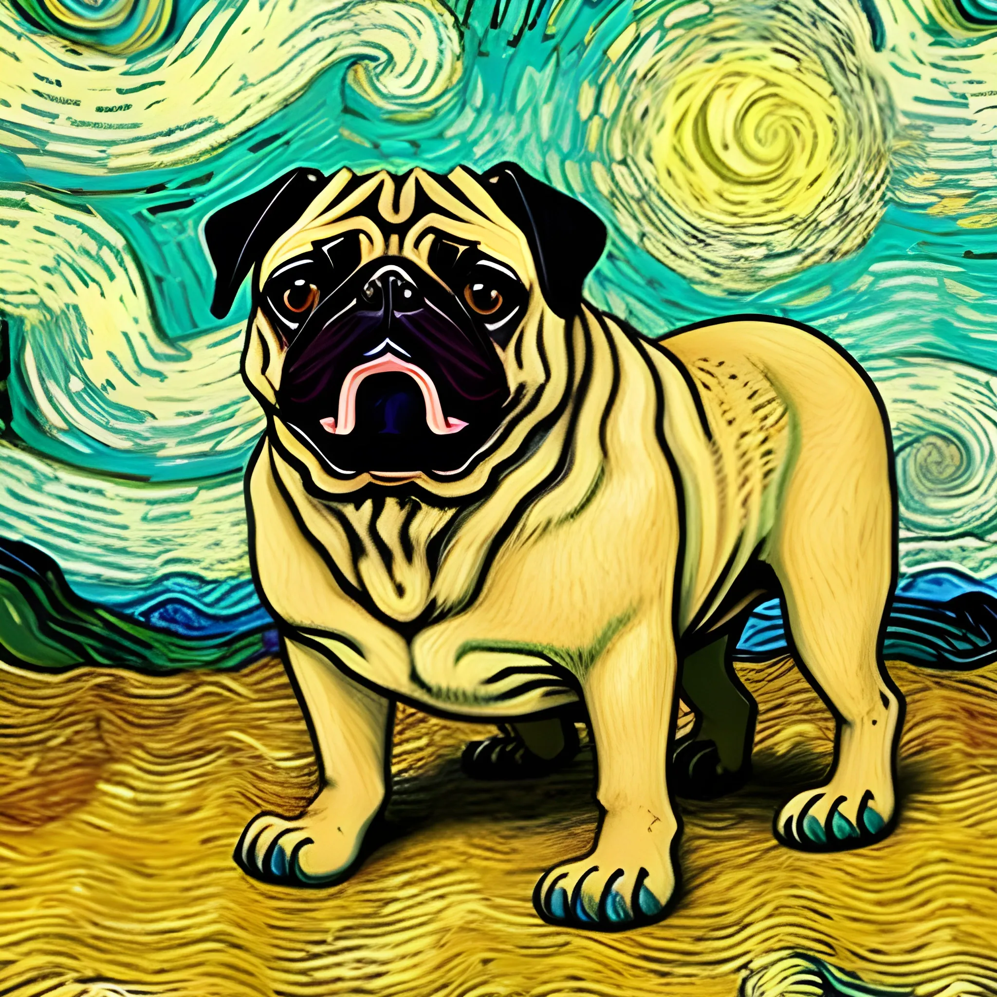 A  GIANT PUG IN VAN GOGH STYLE EATING LIONS , Cartoon, Trippy