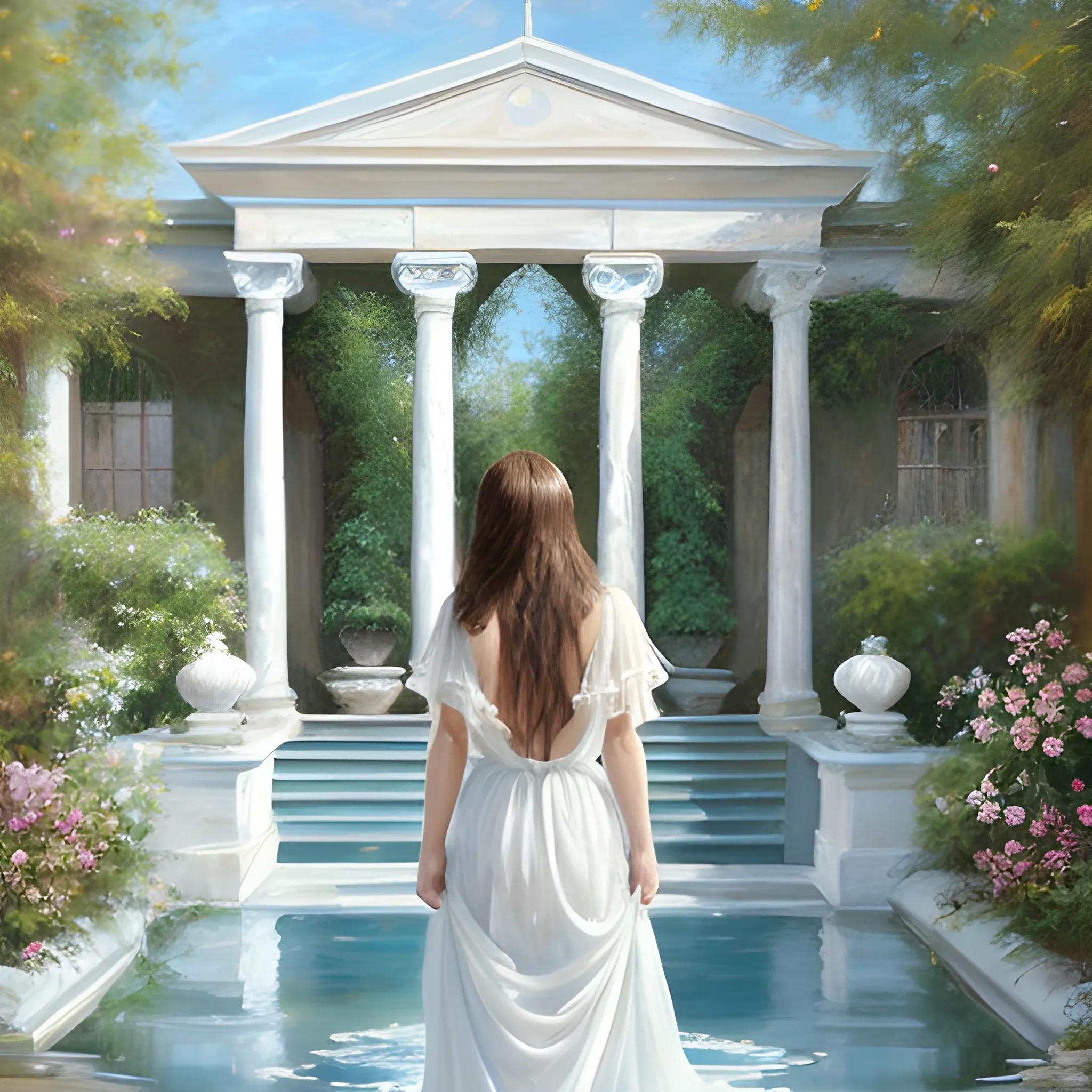 woman facing back, playing in water fountain in sheer white flowy dress, garden courtyard, blue sky, brown long hair , Oil Painting