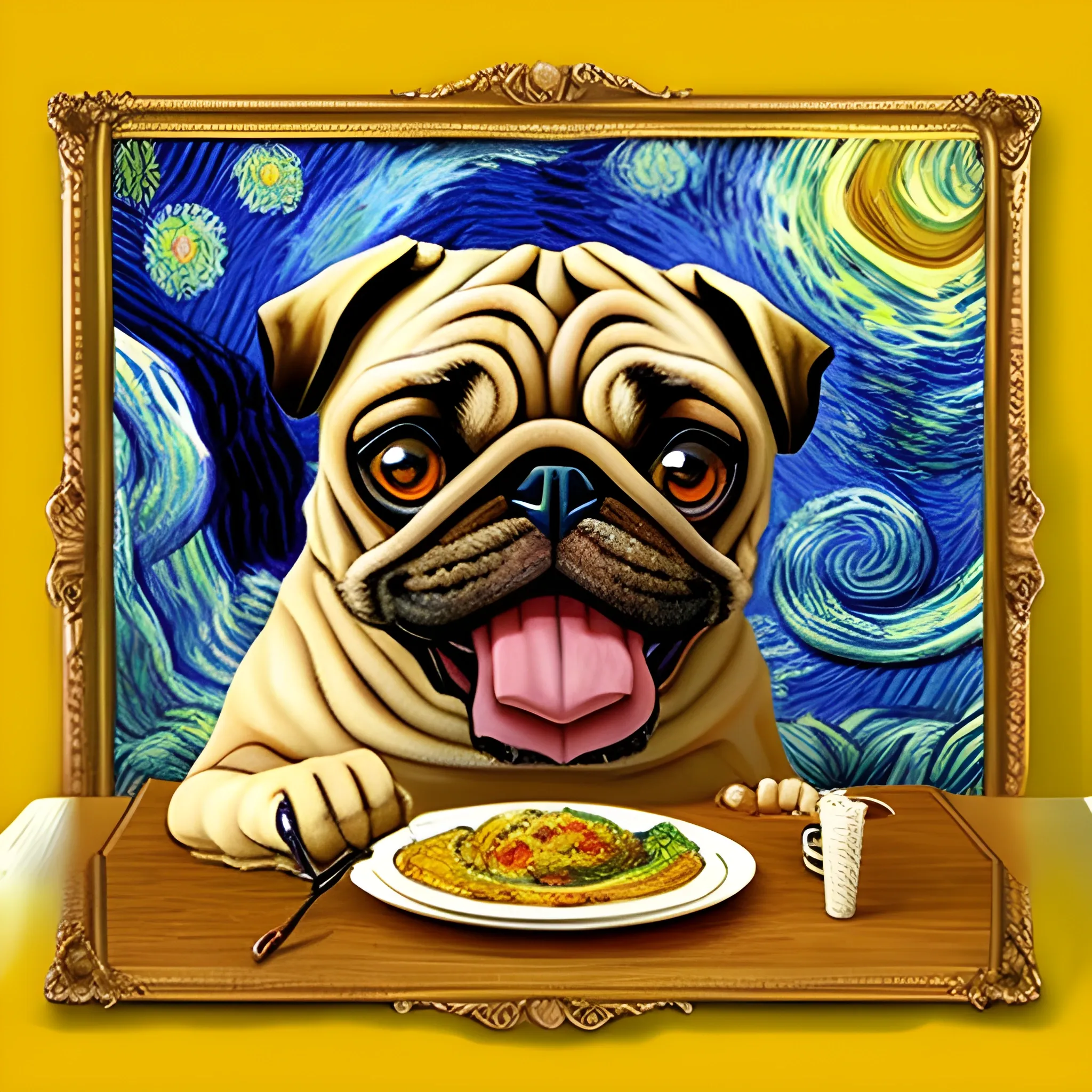 A  GIANT PUG IN VAN GOGH STYLE EATING LIONS , Cartoon, Trippy, 3D