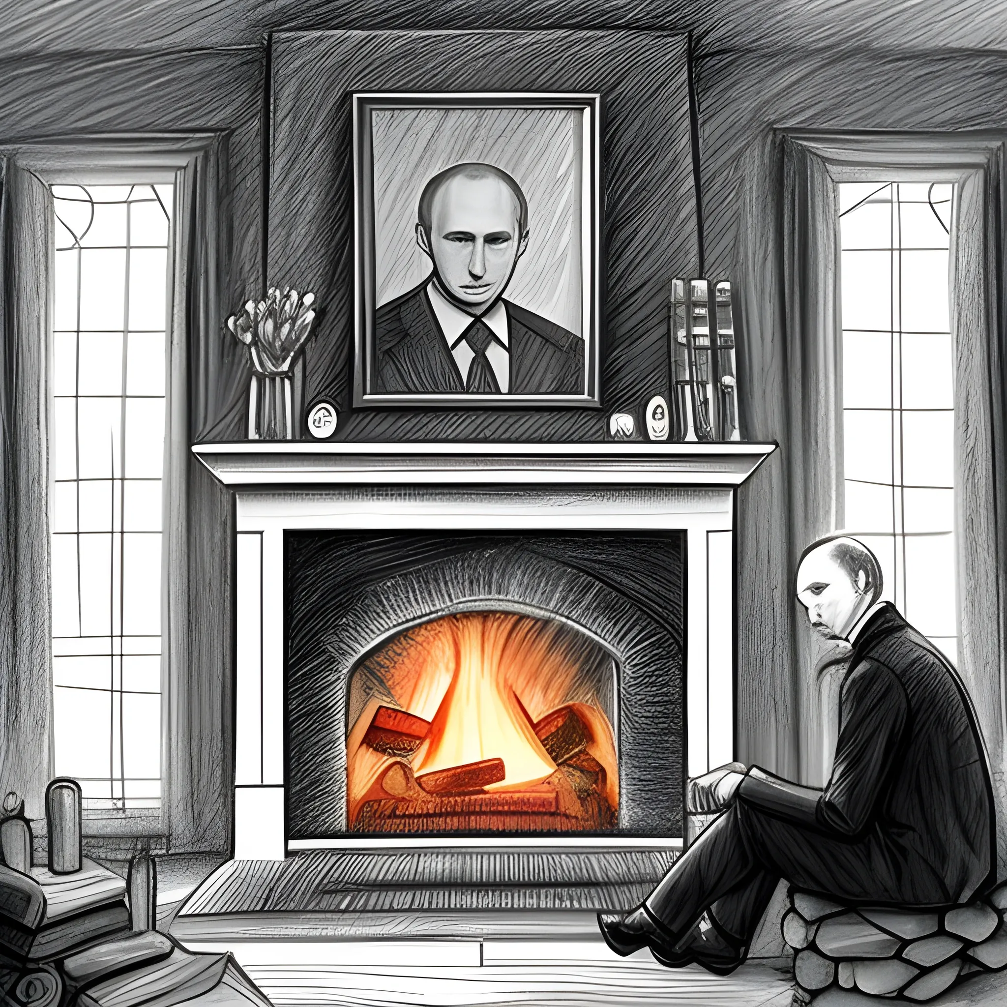 , Pencil Sketch putin by the fire place as people look thrue window
