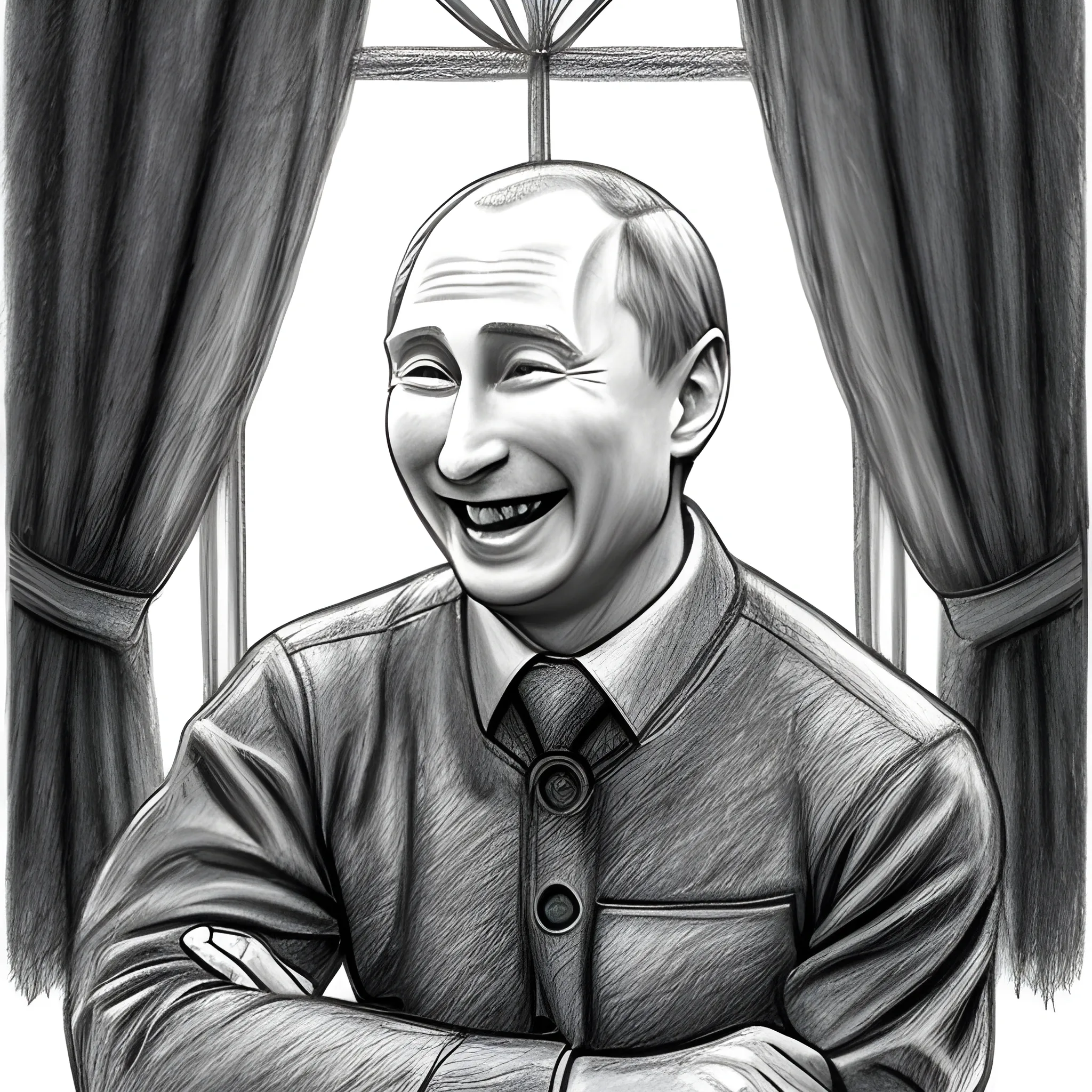 , Pencil Sketch putin laughing by the fire place as people look thrue window
