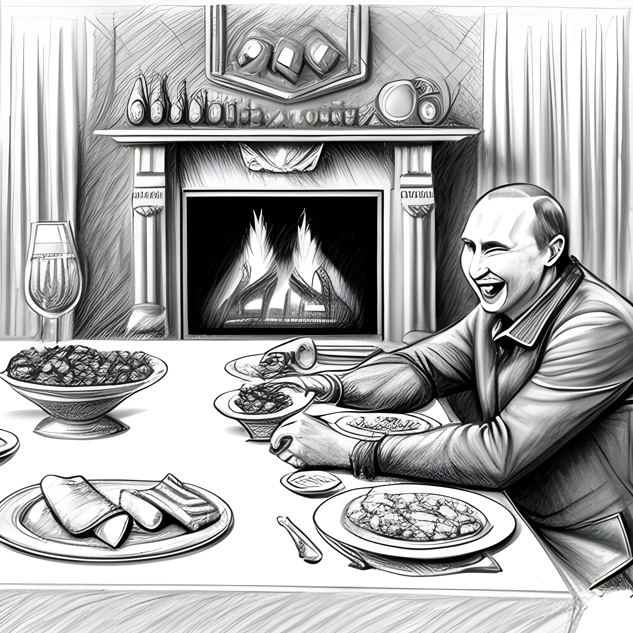 , Pencil Sketch putin laughing by the fireplace with table full of food