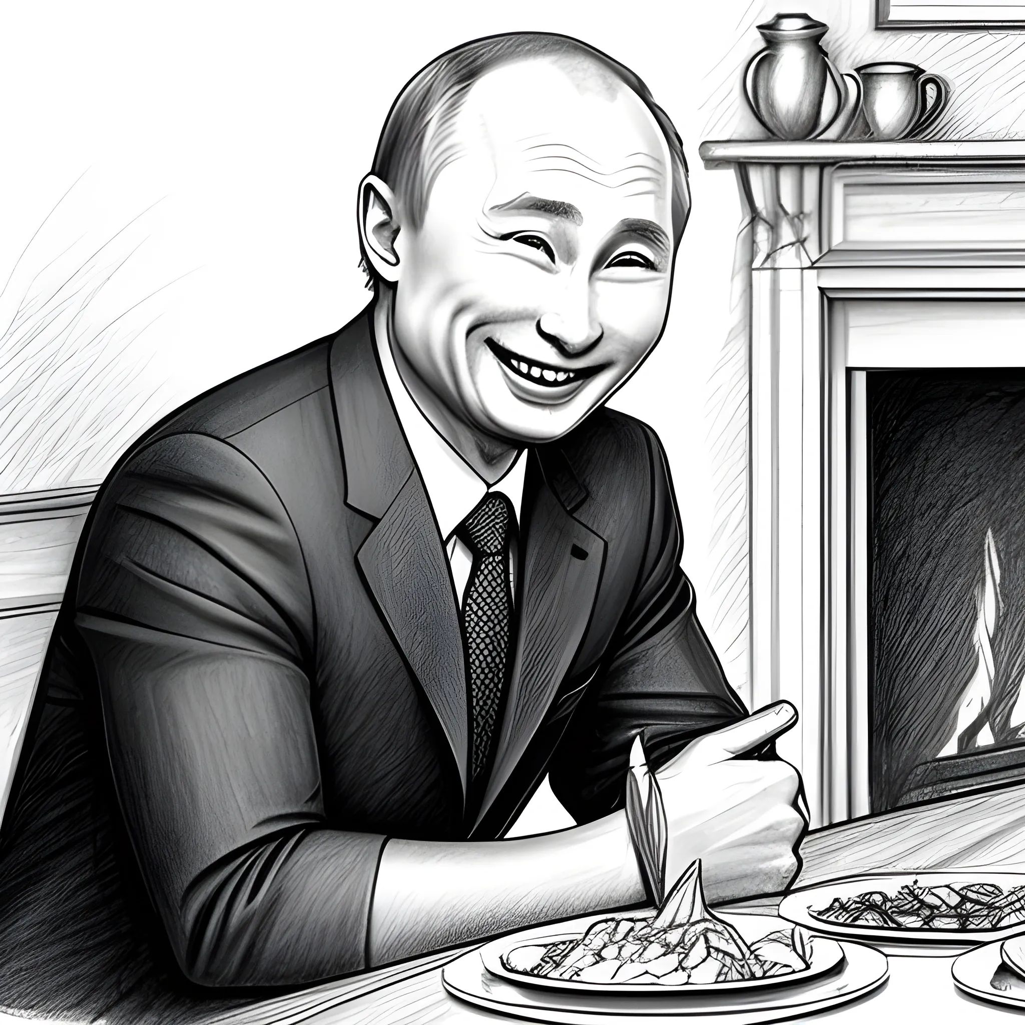 , Pencil Sketch asain putin laughing by the fireplace with table full of food